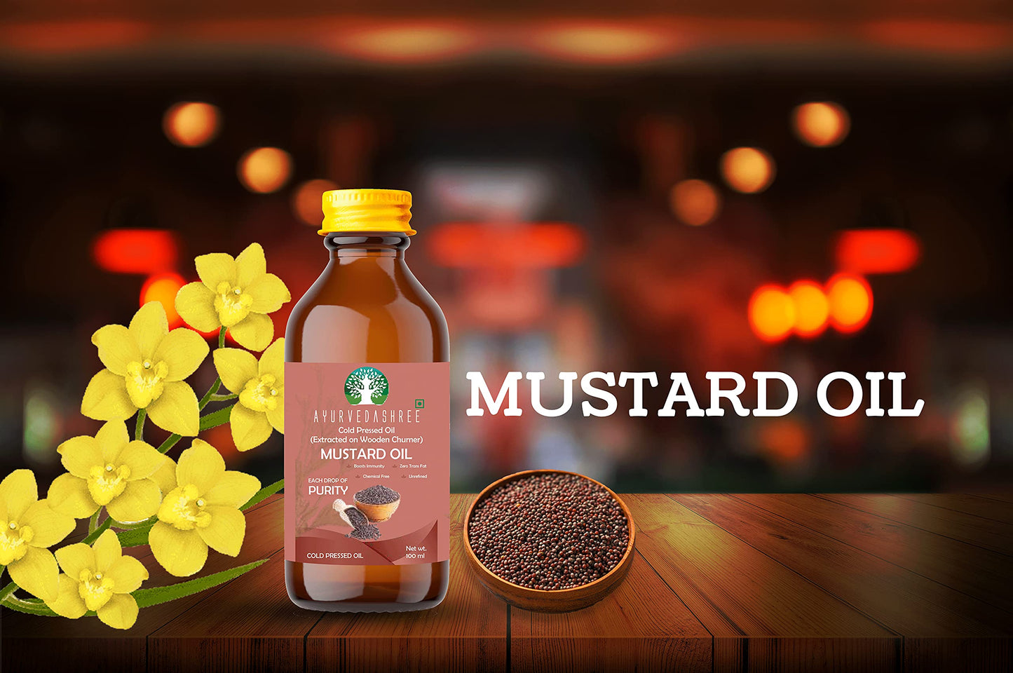 Ayurvedashree Mustard Oil 3.38 Fl Oz.. Cold Pressed Oil, Extracted On Wooden Churner With Traditional Method To Sustain Maximum