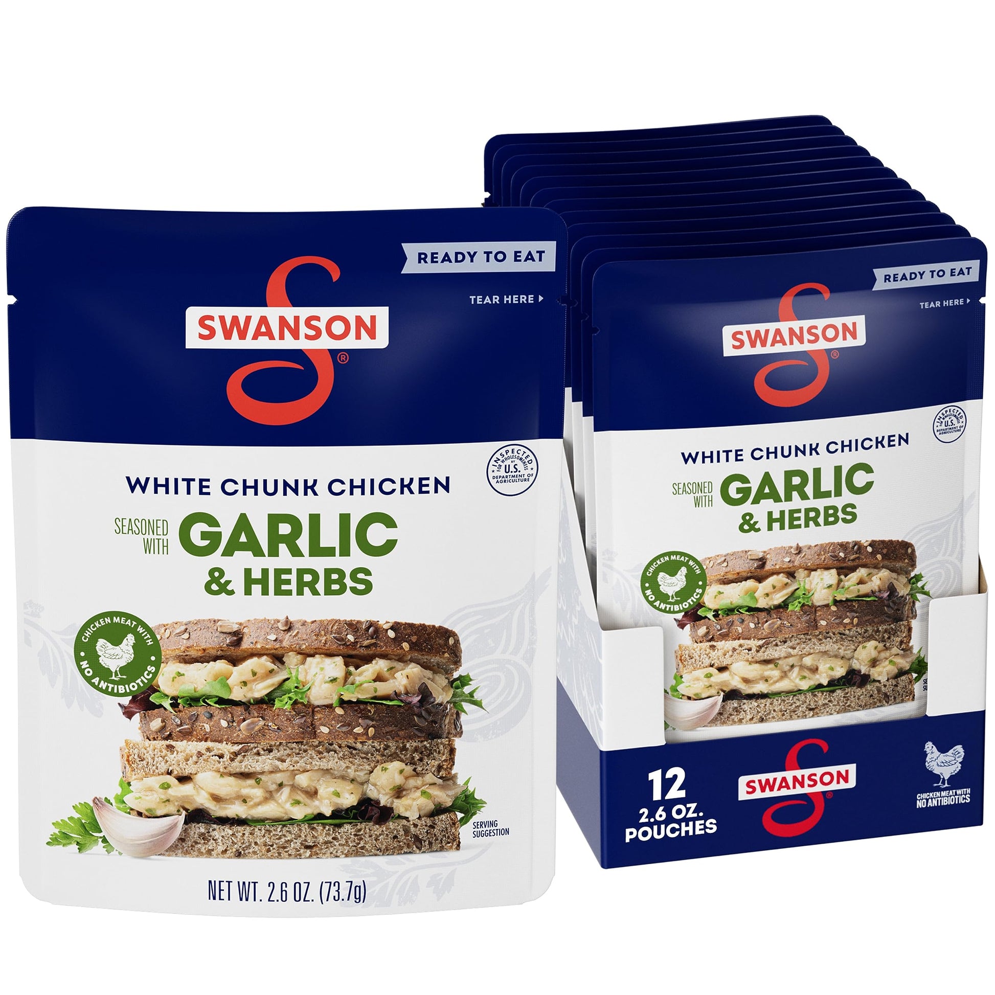 Swanson Garlic And Herbs White Chunk Fully Cooked Chicken, Ready To Eat, Simple On-The-Go Meals, 2.6 Oz Pouch (Case Of 12)