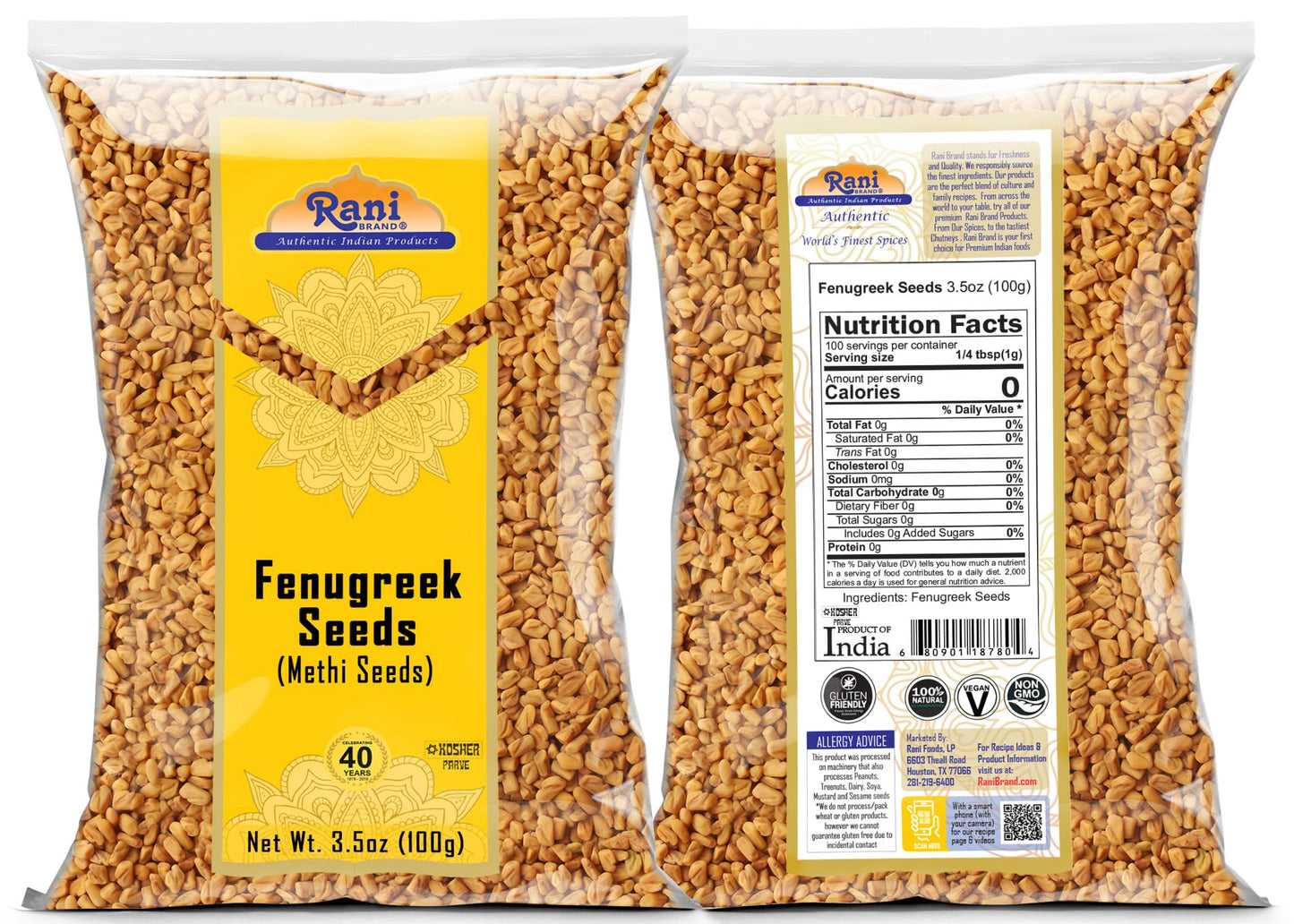 Rani Fenugreek Seeds Whole 3.5oz - All Natural, Vegan, Non-GMO, Gluten Friendly, Indian Origin