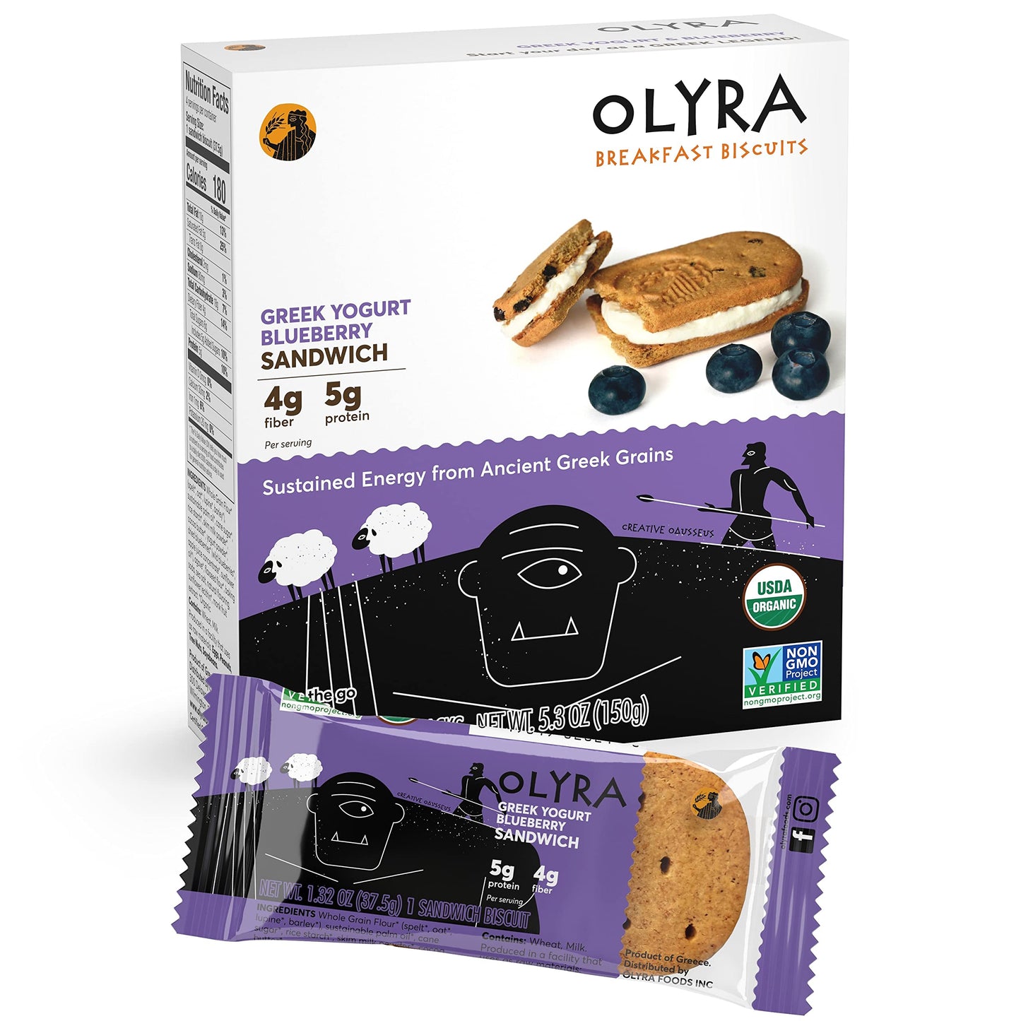Olyra Organic Breakfast Biscuit Sandwiches | Greek Yogurt Blueberry | Kids Healthy Snacks, Low-Sugar, High Fiber | 4 Count (Pack