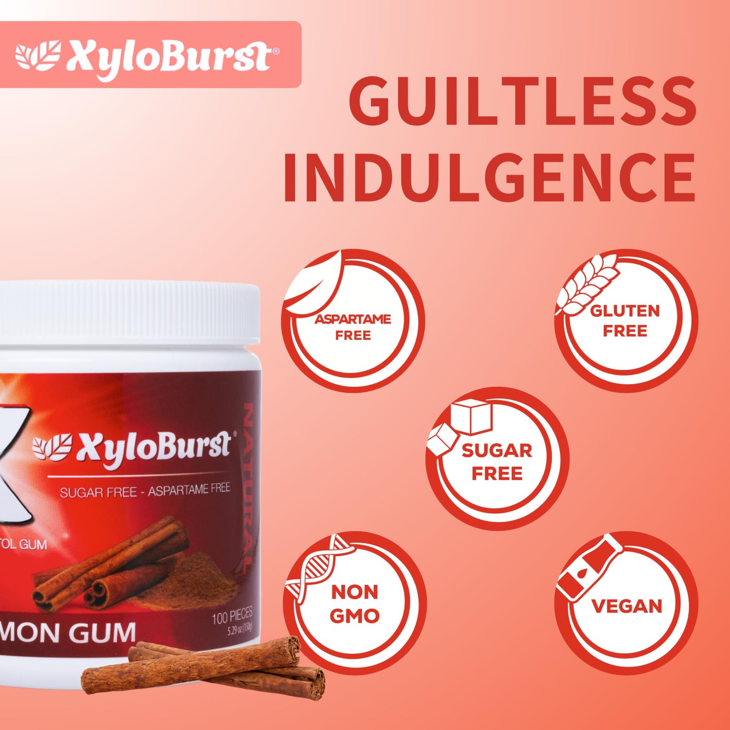 Xyloburst Gum | Xylitol Chewing Gum | Sugar Free, Gluten Free, Keto Friendly | Aspartame Free Gum For Oral Health | Cinnamon | 1