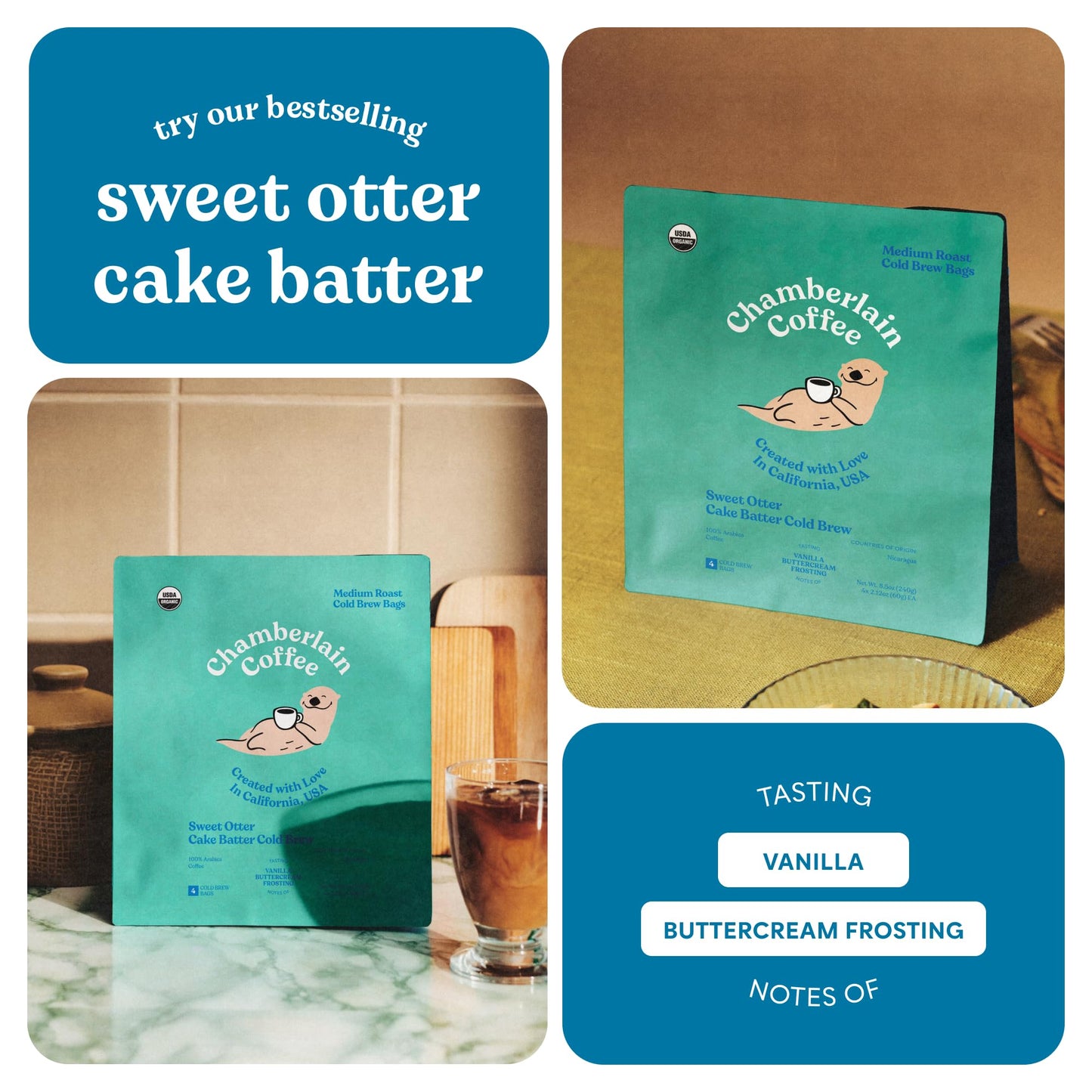 Chamberlain Coffee Sweet Otter Cake Batter Cold Brew Bags - Xl Cold Brew Bags - Premeasured, Ready To Brew, Cold Brew Coffee Packs - Contains 4 Xl Cold Brew Bags, Makes 4 Cups Of Coffee Per Bag