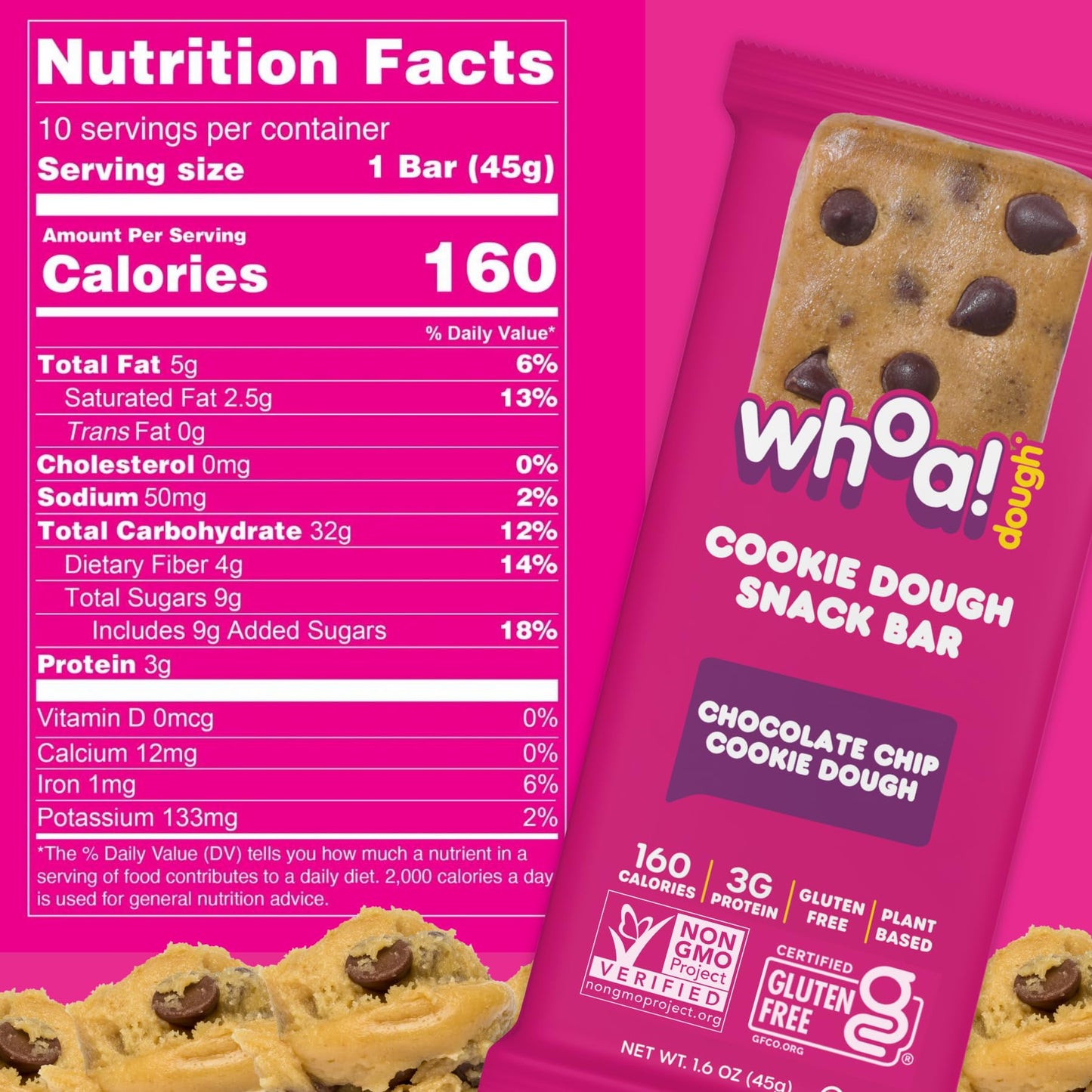 Whoa Dough Edible Cookie Dough Bars- Certified Non-GMO, Kosher and Gluten Free Bars - Healthy Snack Foods - Plant Based Snacks M