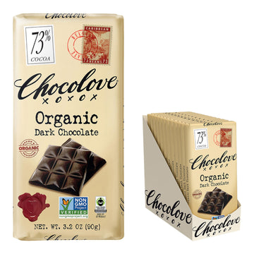 Chocolove Organic Dark Chocolate Bars | 73% Cocoa | Certified Fair Trade Organic Belgium Chocolate | Ethically Sourced, Non-Gmo, 3.2 Oz Bar (12 Pack)