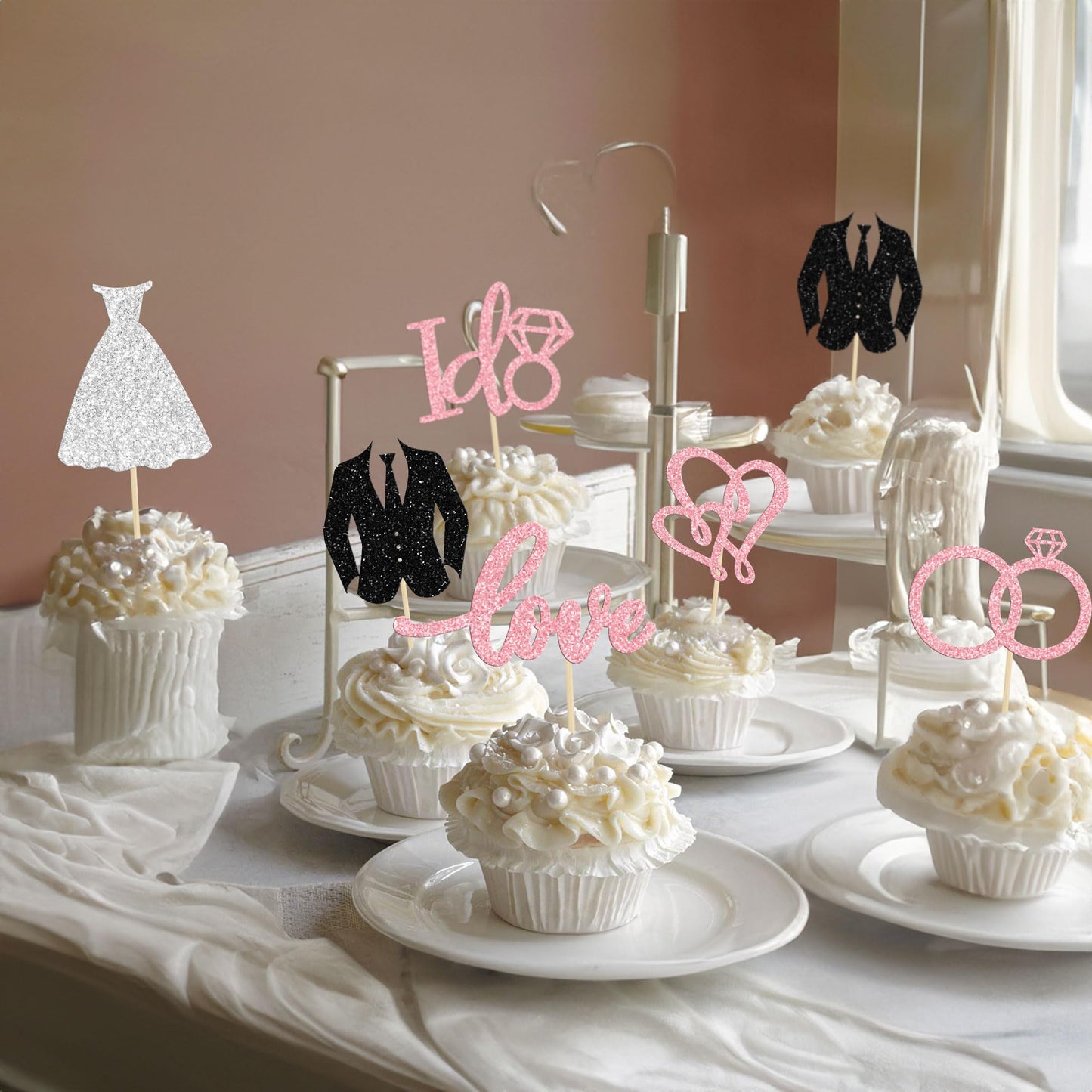 Gyufise 24Pcs Wedding Cupcake Toppers Glitter Groom And Bride Cupcake Picks Love I Do Ring Heart Cake Decorations For Bridal Sho