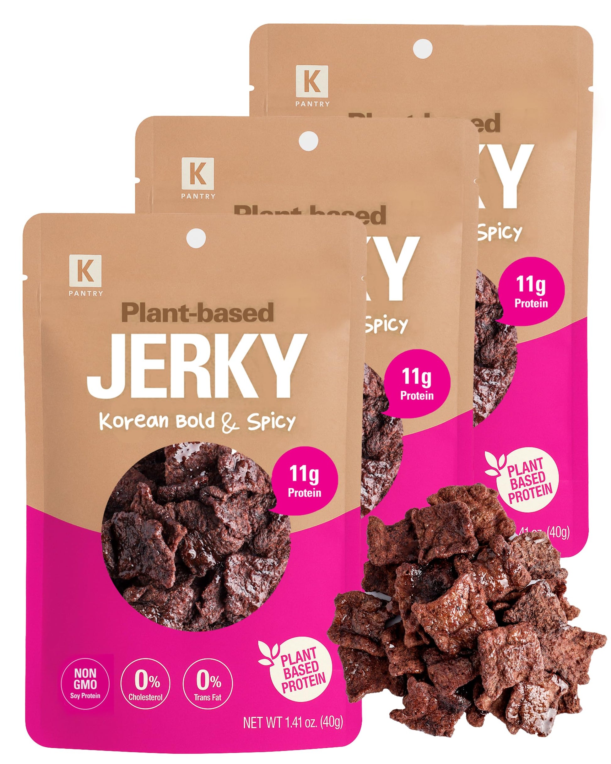 KPANTRY Korean Vegan Jerky – Chili Peppers & Garlic, Plant-Based, Non-GMO, Low-Fat Snack, 11g, Pack of 3, 1.41 oz Total