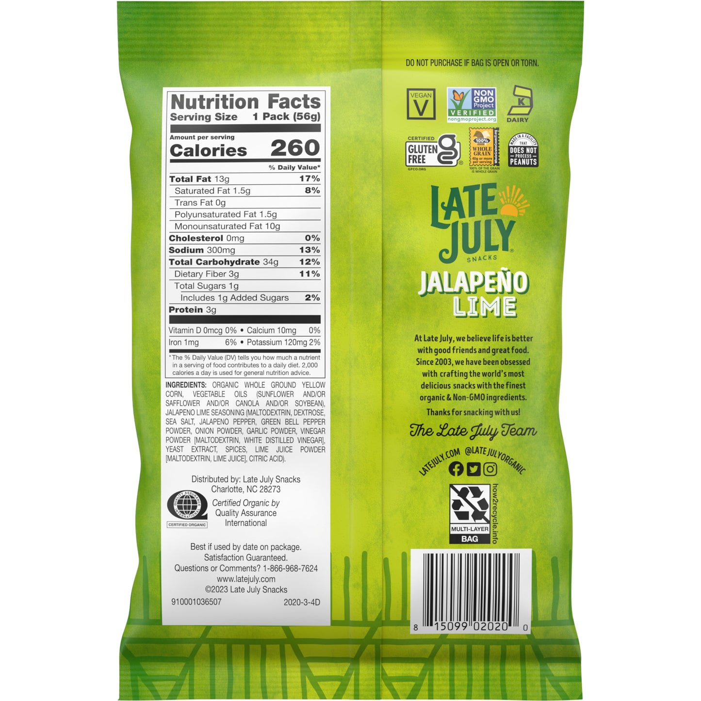 Late July Snacks, Jalapeo Lime Tortilla Chips, 2-oz. Snack Bag (Pack of 6)
