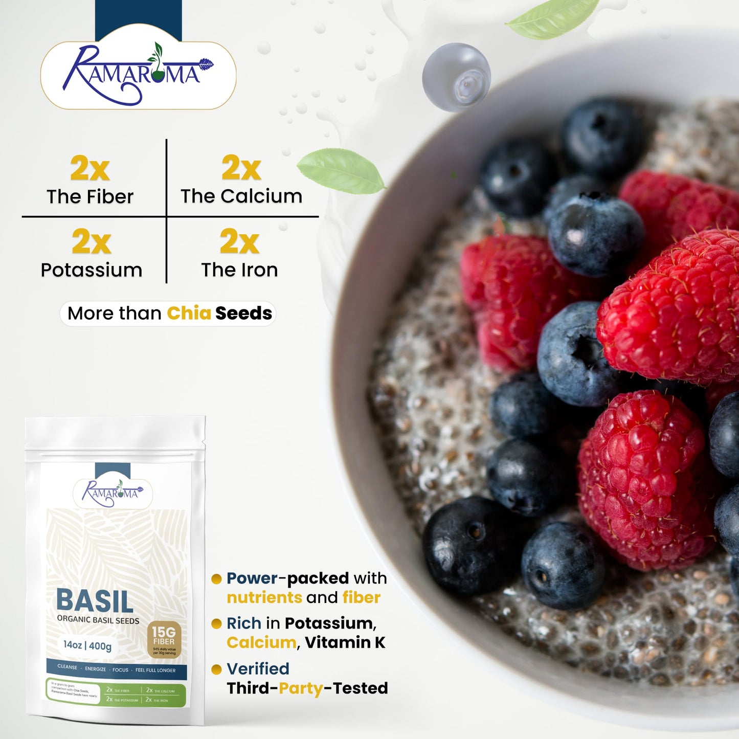 Ramaroma Basil Seeds (Tukmaria) USDA Organic, 8 oz, Plant-Based, Keto, Paleo, Vegan, High Fiber