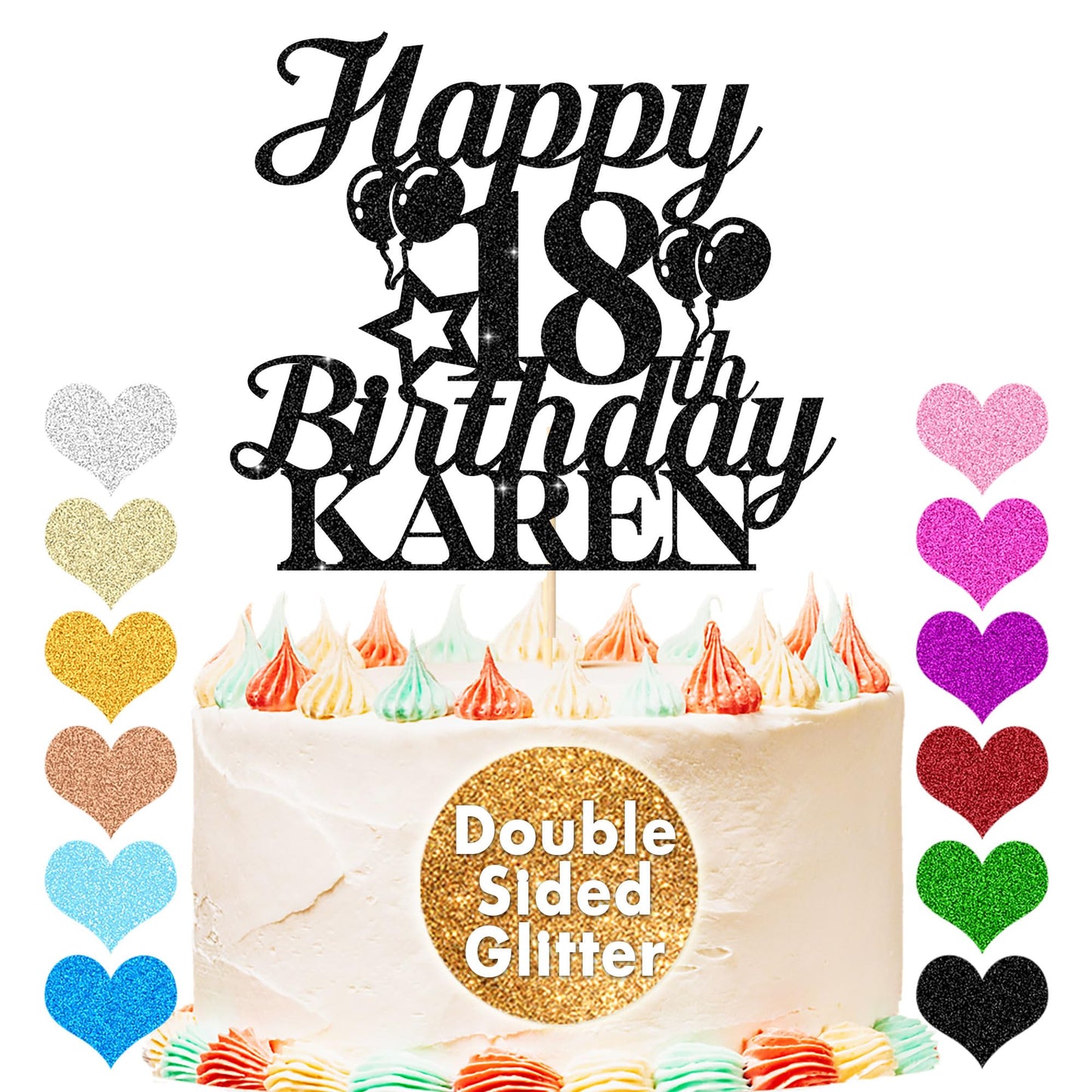 EDSG Happy Birthday Cake Topper Double-Sided Glitter Personalized Custom Gifts Any Age & Name for Him/Her - Black