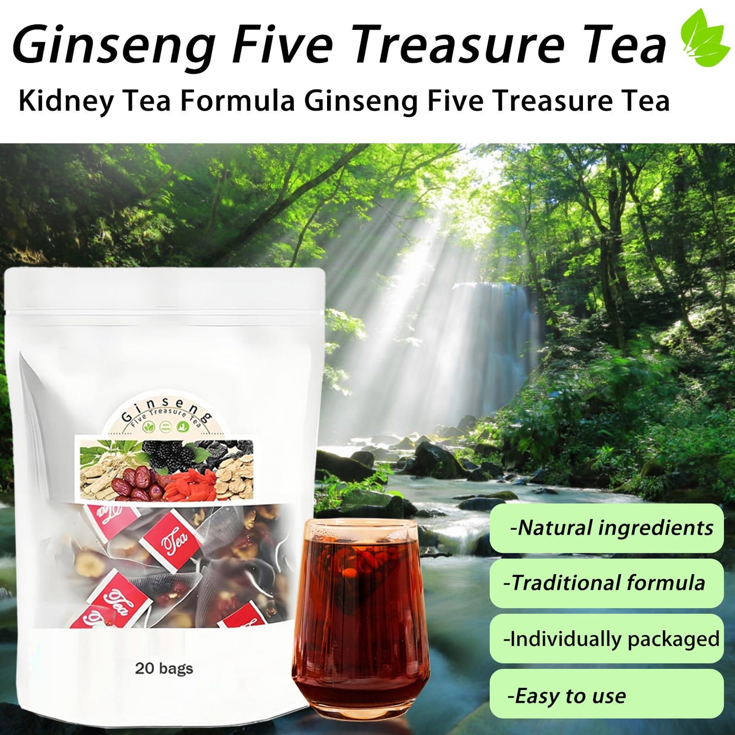 Qiuumey Kidney Tea Formula - Ginseng Six Treasure Tea, Natural Ingredients, Sweet Taste - 40 Bags