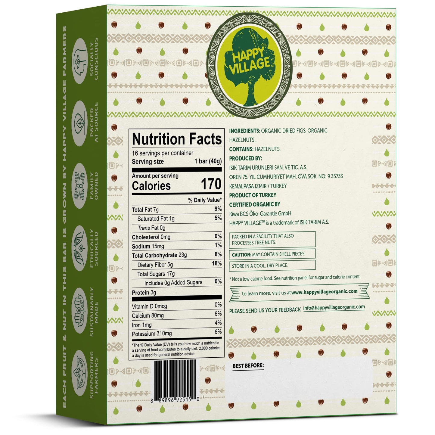 Happy Village Organic Fig & Nut Bar, Original Fig | Only 2 Ingredients, Gluten Free, No Added Sugar, Kosher, Non-Gmo, Vegan, Good Source Of Fiber | Organic Healthy Snack Bars (16 Bars, 1.4 Oz Each)