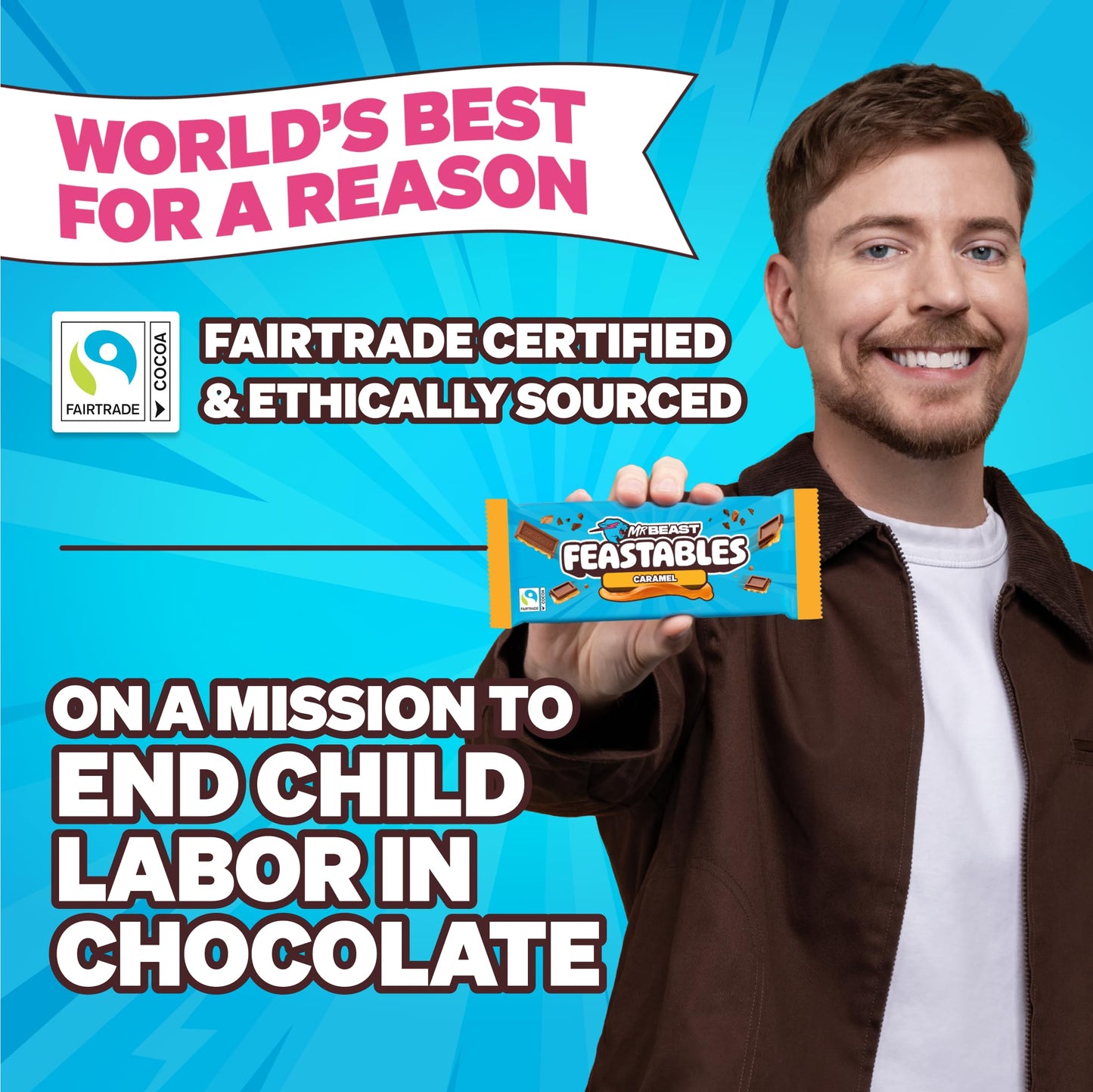 Feastables Mrbeast Caramel Chocolate Bar, King Size Candy Bar For Mature-Themeds & Kids, Candy Bars For Snacks, Gifts, Or Dessert, Sweet & Creamy Fairtrade Cocoa, 2.1 Oz Each, 10 Count