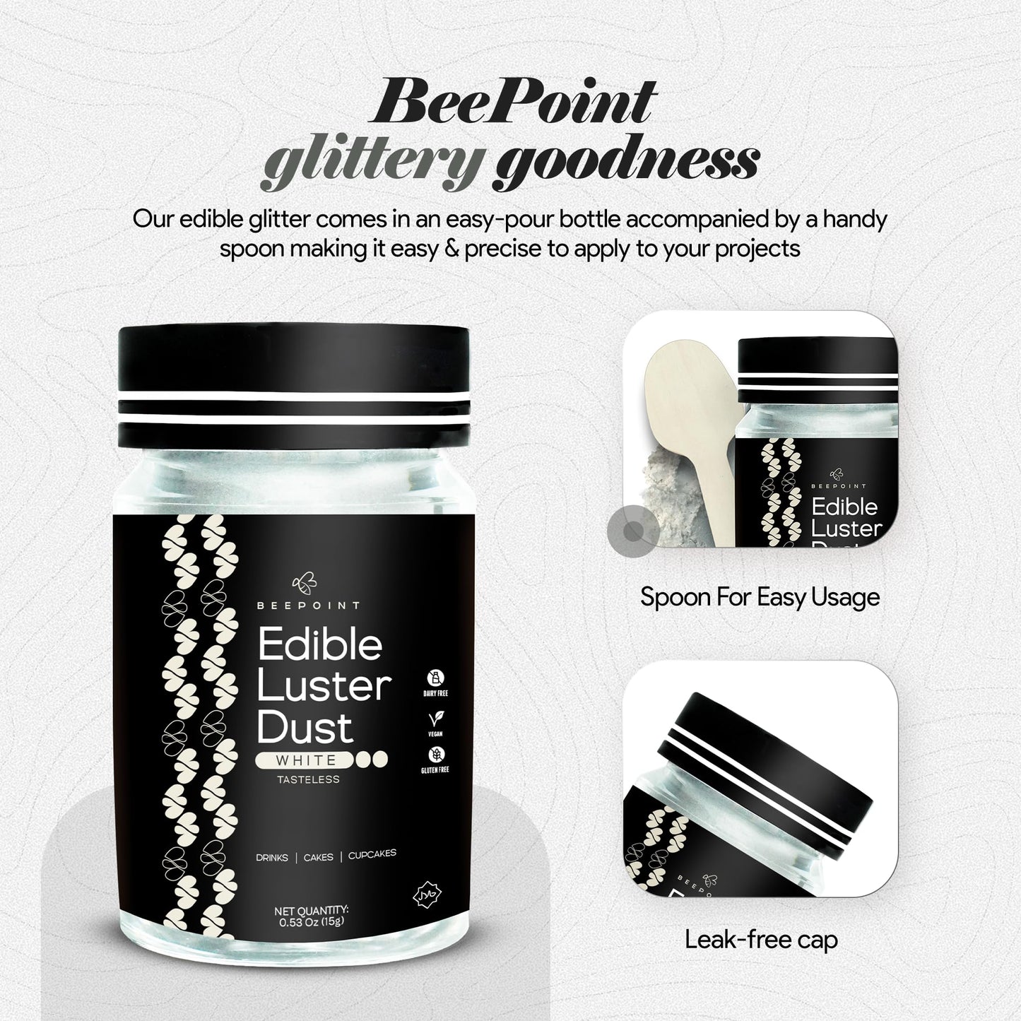 BeePoint Edible Glitter Luster Dust - Food Grade Shimmer Powder for Baking, Cocktails & Cakes - 15g - White