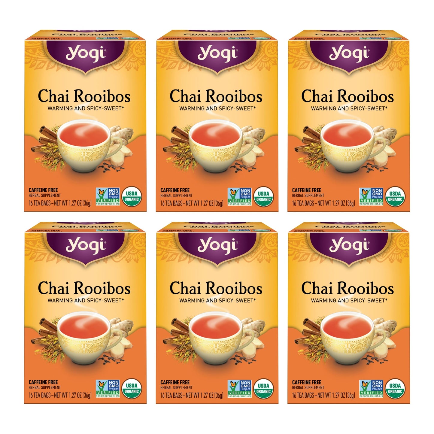 Yogi Tea Chai Rooibos Tea - Spiced Organic Rooibos - 96 Count (6 Packs) - Caffeine-Free - Includes Cardamom, Cinnamon, Ginger, Clove