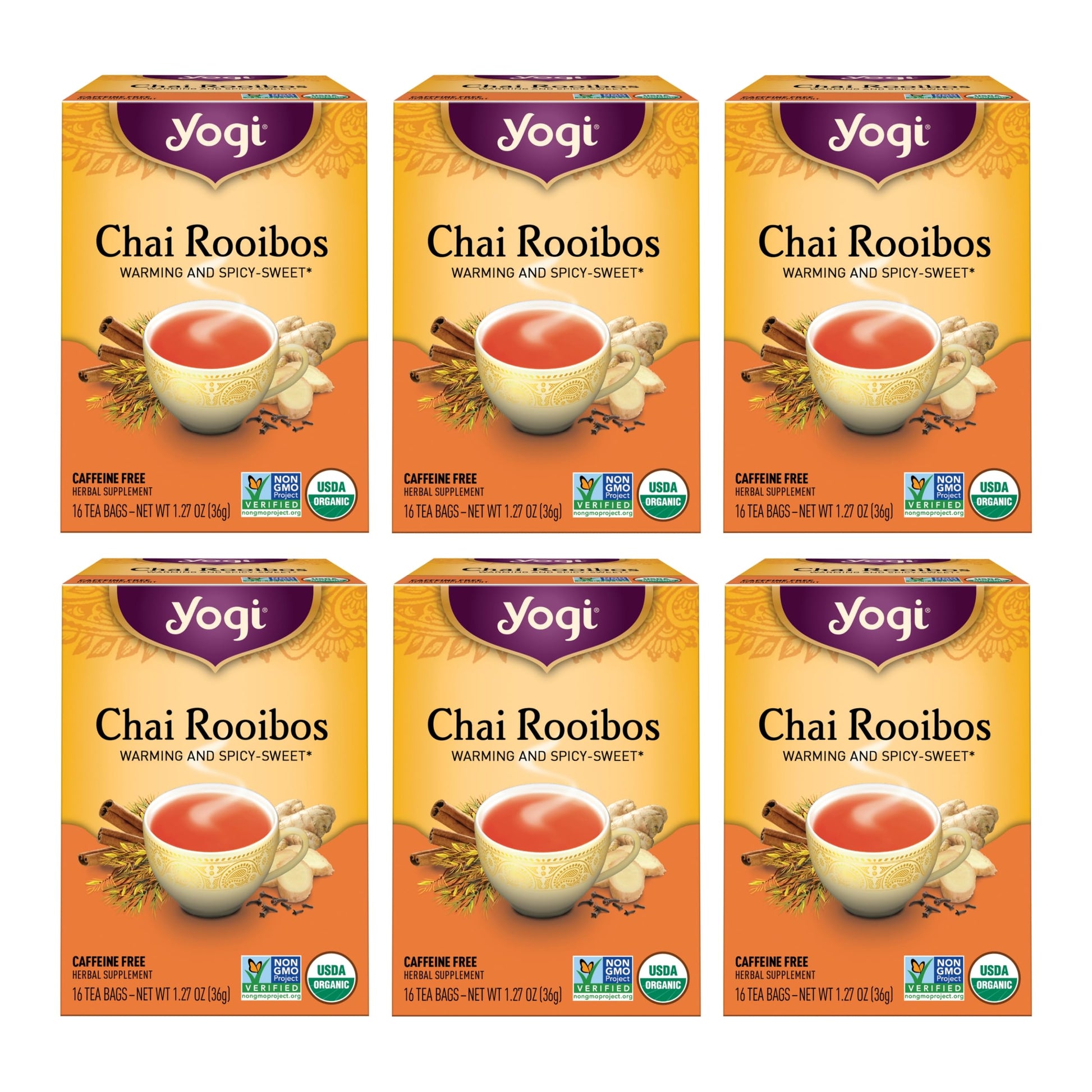 Yogi Tea Chai Rooibos Tea - Spiced Organic Rooibos - 96 Count (6 Packs) - Caffeine-Free - Includes Cardamom, Cinnamon, Ginger, Clove