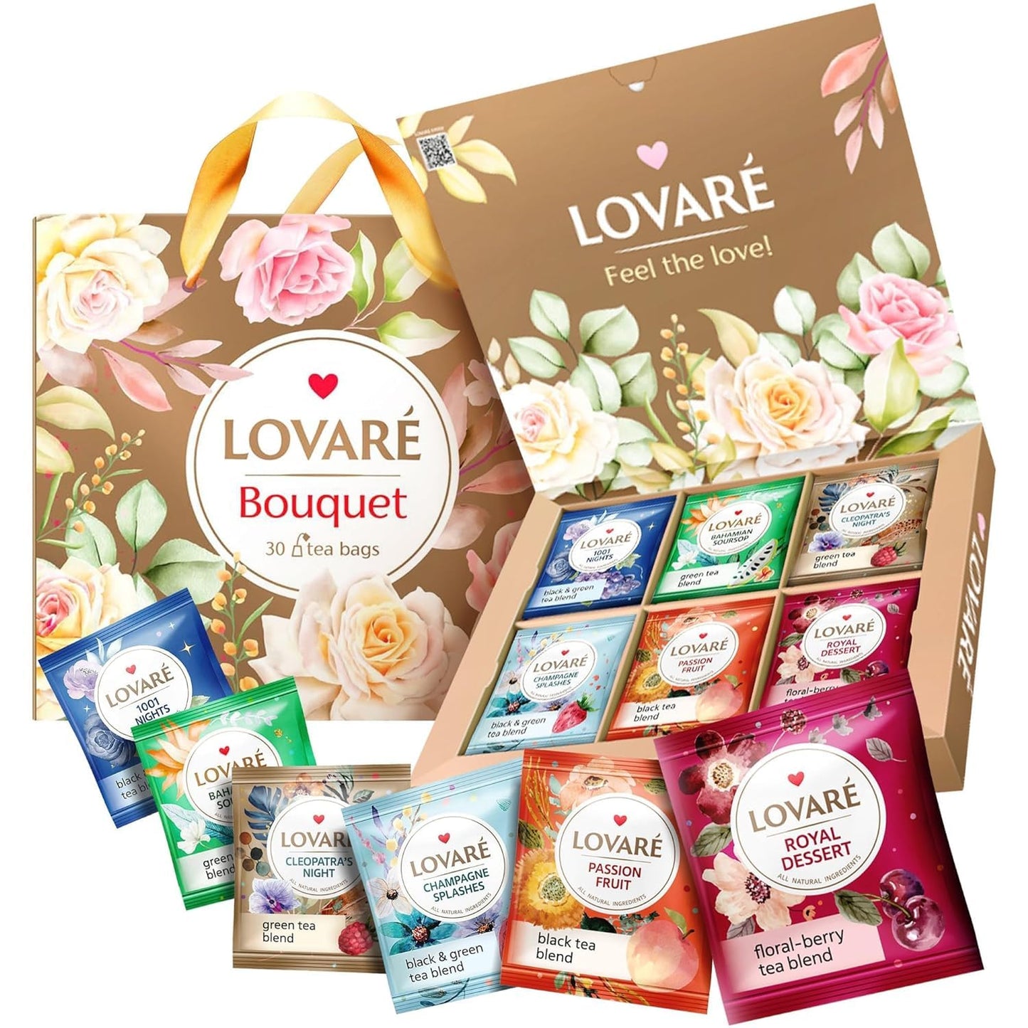 LOVARE Tea Bags Variety Pack - Assorted Black & Green Teas - 30 Bags - Gift Set for Tea Lovers