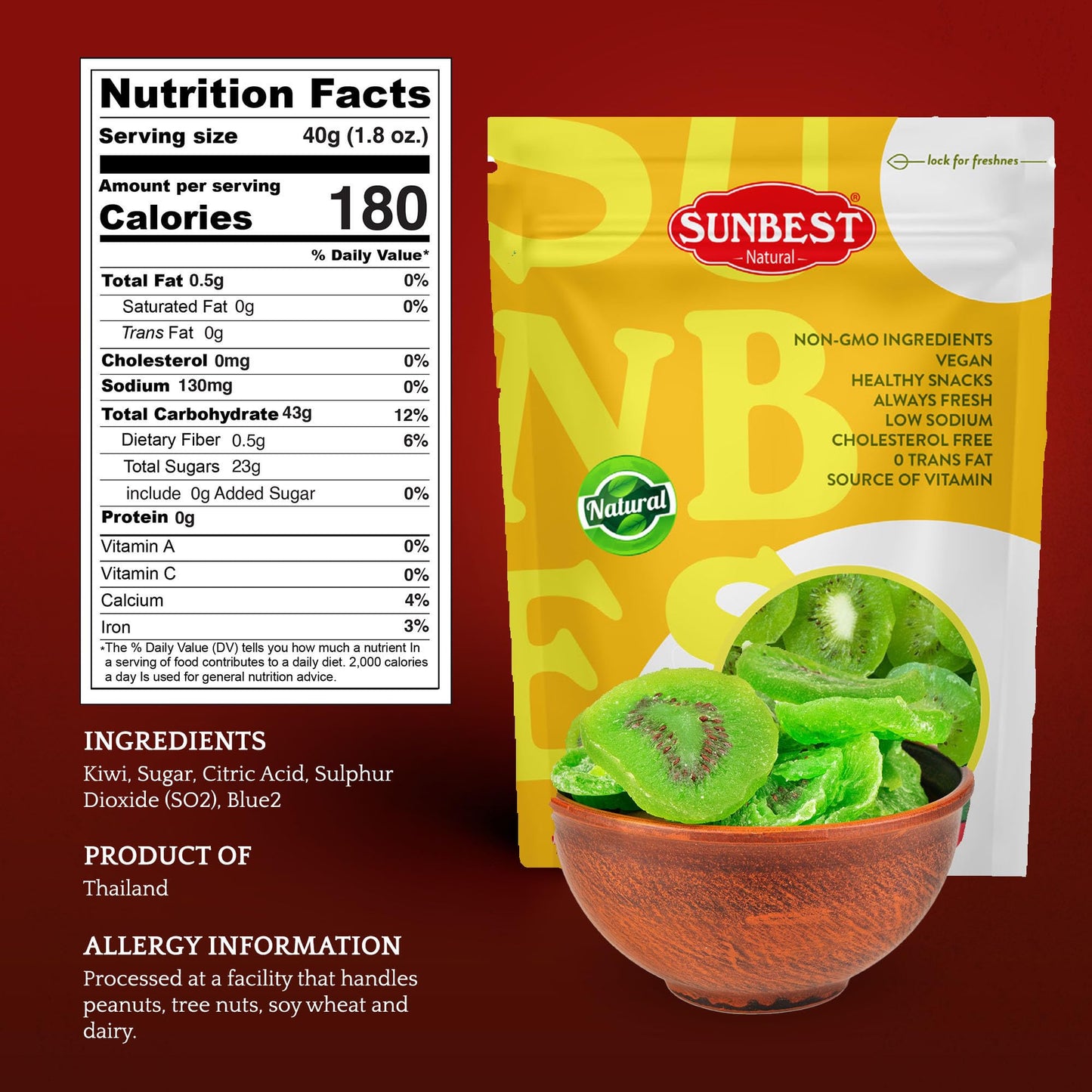 SUNBEST NATURAL Dried Kiwi Slices - Vegan, Non-GMO, Chewy Fruit Snack - 5 lbs (80 oz)