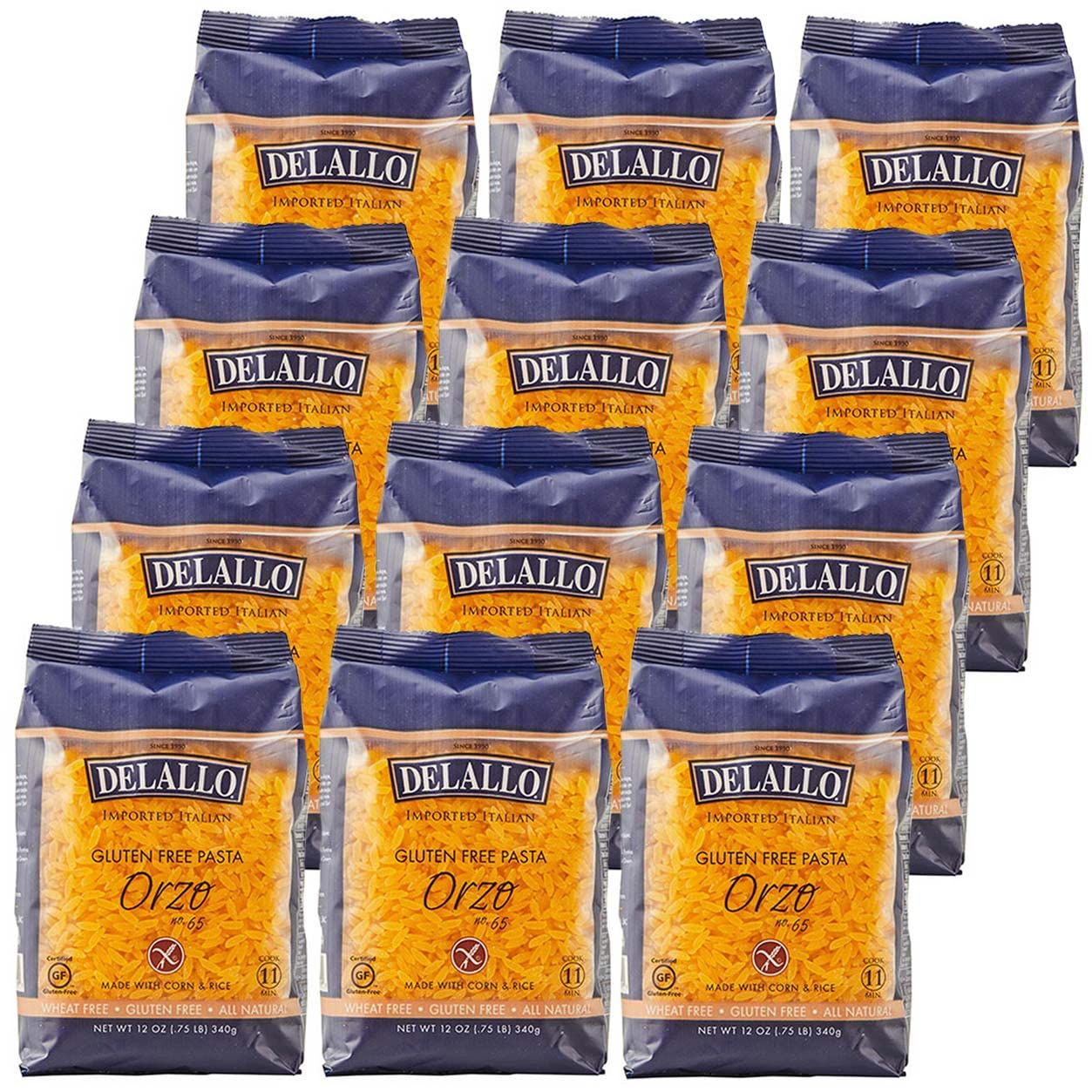 Delallo Gluten Free Orzo Pasta Made With Corn & Rice Wheat Free 12Oz Bag 12-Pack