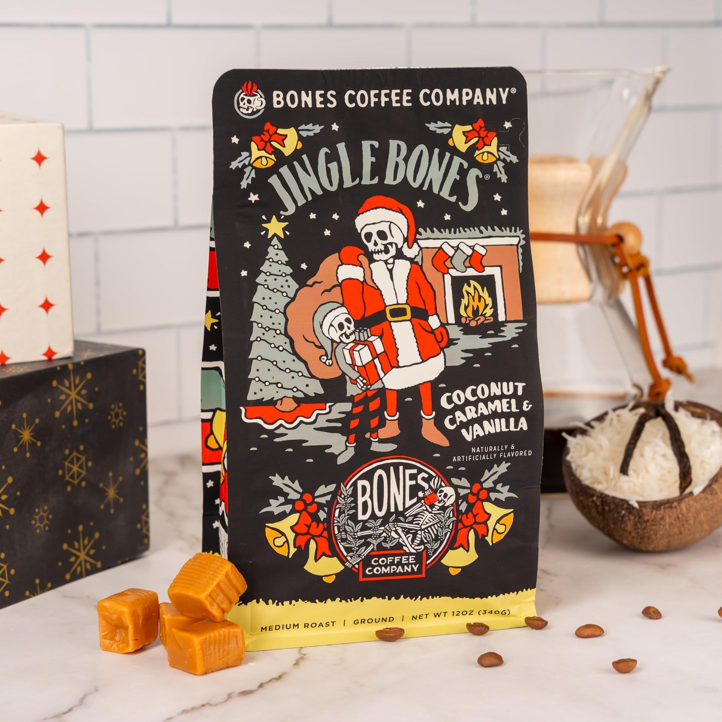 Bones Coffee Company Jingle Bones Ground Coffee, Caramel Vanilla Coconut Flavor, Medium Roast, 12 oz