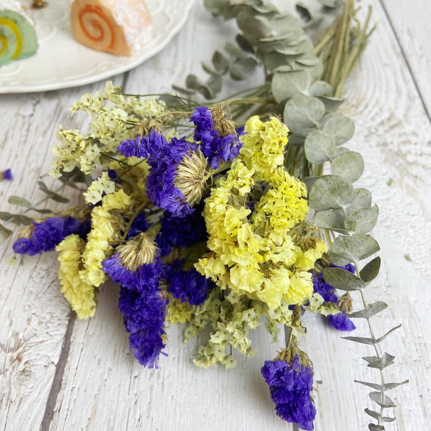 L'Brevoga Dried Flower Bouquets, Purple And Yellow Statice Sea Lavender With Eucalyptus, 100% Natural Flowers For Decoration Hom