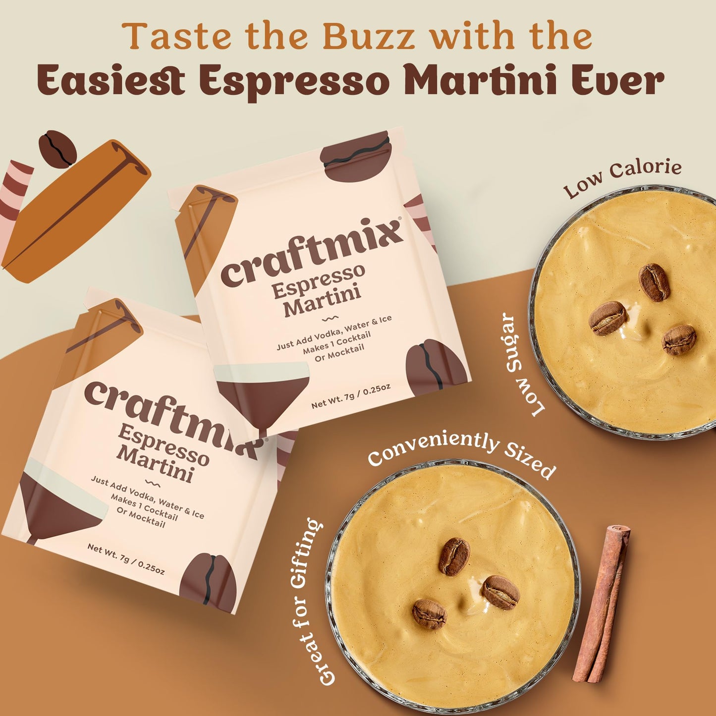 Craftmix Espresso Martini Cocktail & Mocktail Drink Mixer, Skinny Mixes - Water Flavoring Packets - Made With Real Coffee Beans - Vegan, Low-Carb, Low-Sugar, Non-Gmo, Dairy Free, Gluten Free, 24 Pack