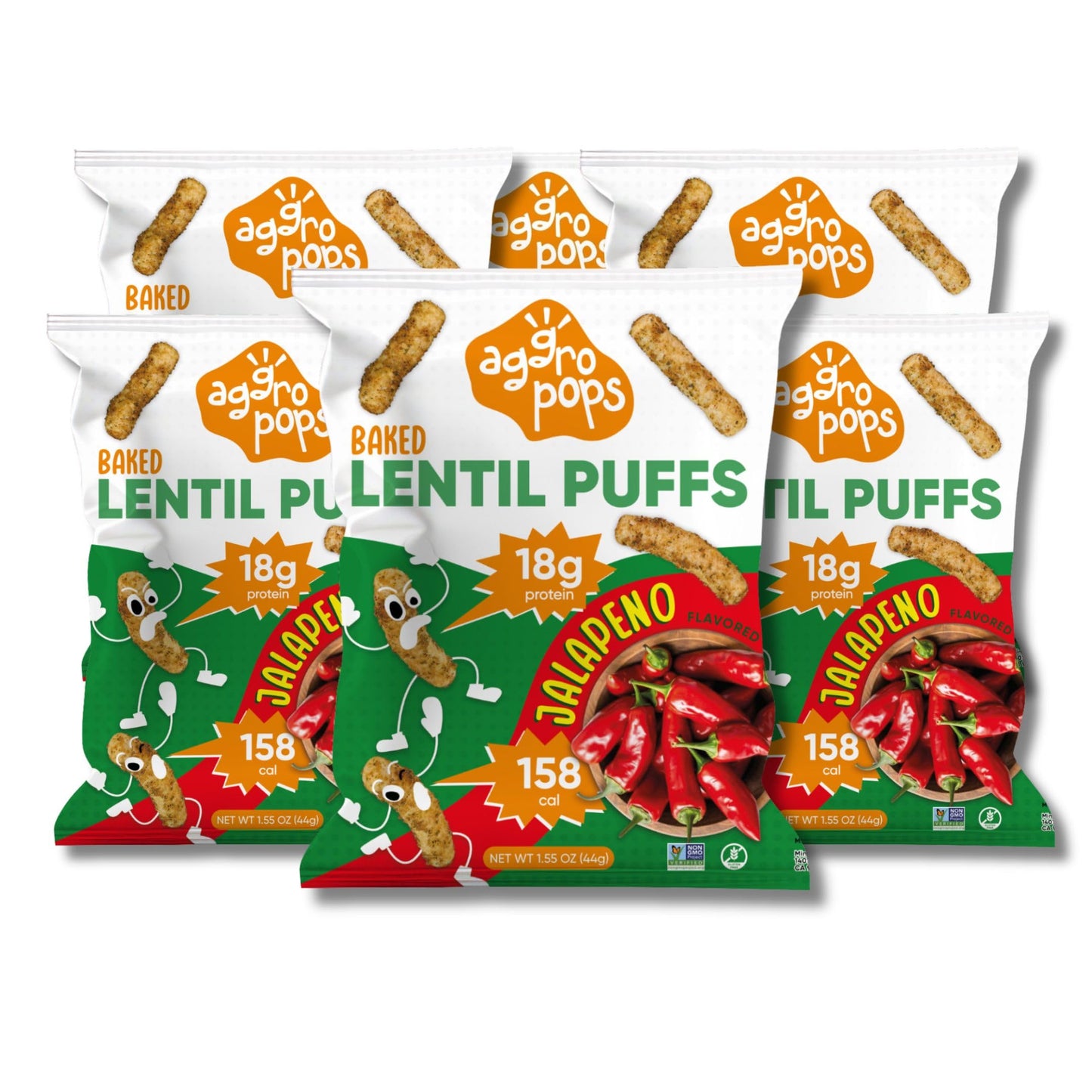 Aggropops High Protein Lentil Snacks, Jalapeno Flavor, 1.55 Ounce (Pack of 6), Vegan, Gluten-Free, Low Calorie, Bariatric Friendly