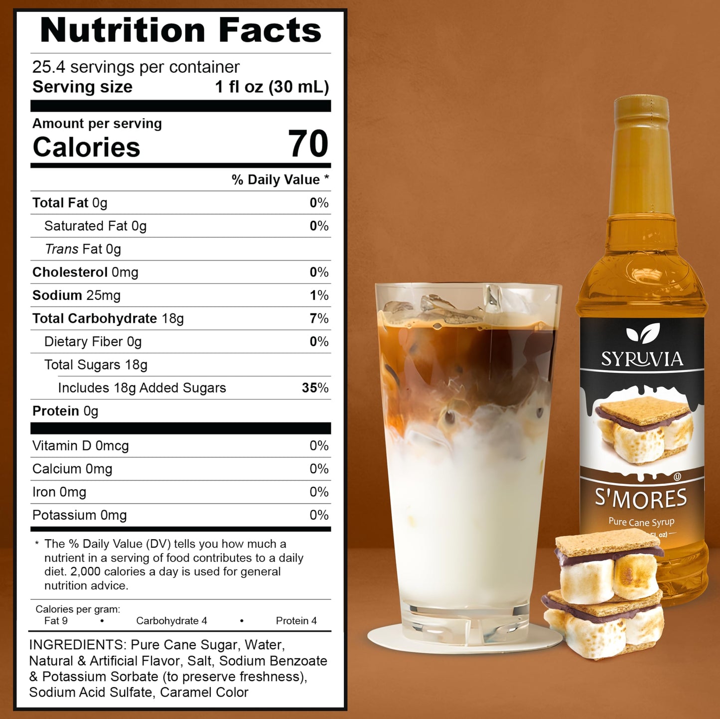 Syruvia Smores Syrup - Smores Coffee Syrup Flavor, 25.4 Fl Oz, Kosher, Gluten Free, Perfect For Coffee, Drinks, Soda, Desserts,