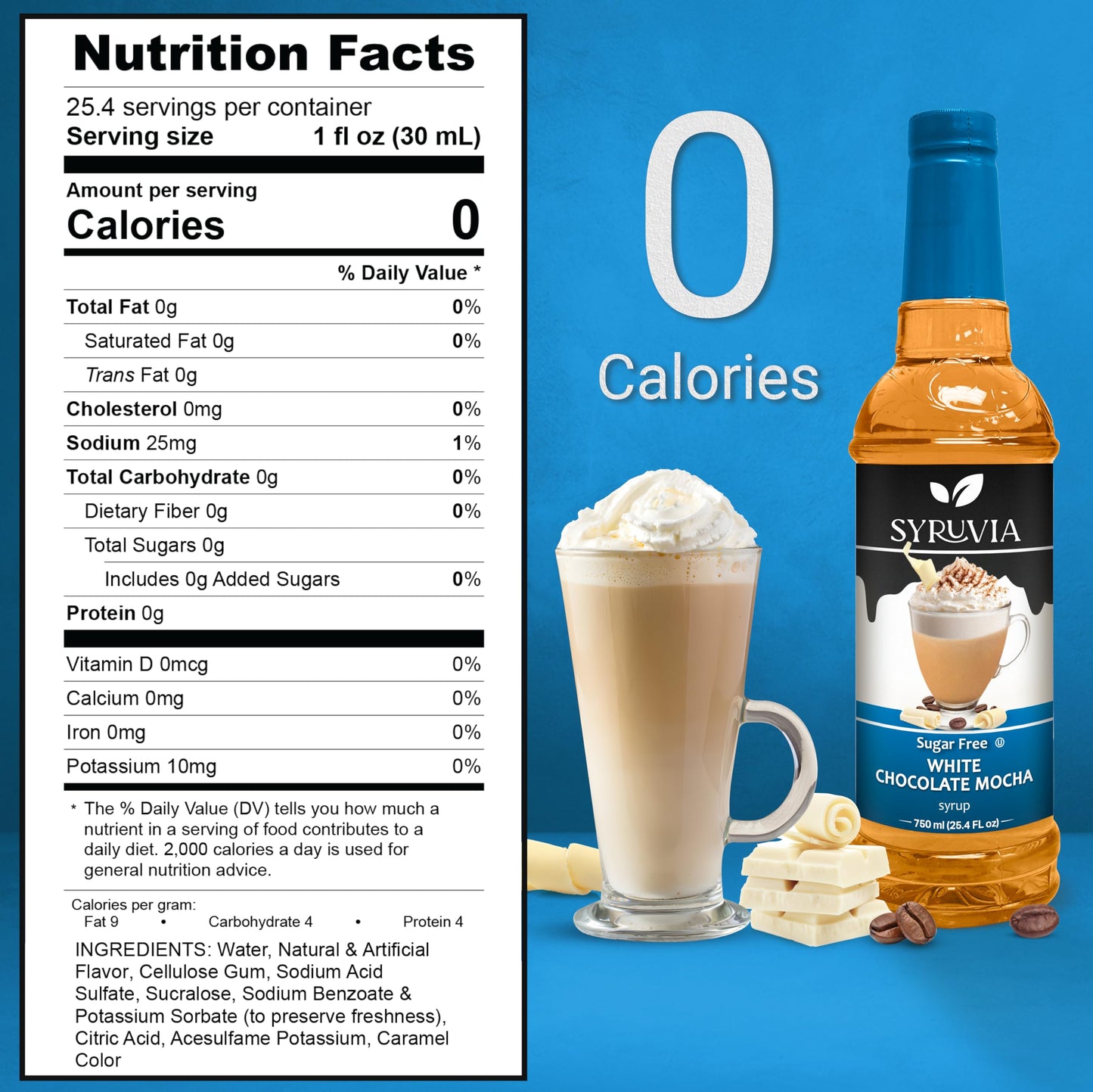 Syruvia Sugar-Free White Chocolate Mocha Coffee Syrup - 25.4 fl oz. Premium Coffee Flavoring Syrup. 0 Calories, Kosher, and Glut