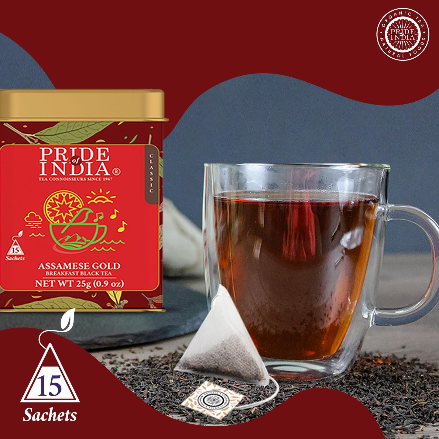 Pride Of India | Assamese Gold English Breakfast Blend | 15 Predium Pyramid Full Leaf Individually Wrapped Tea Bags | Full-Bodied, Strong & Malty Flavor | Single Estate Certified Classic Tea