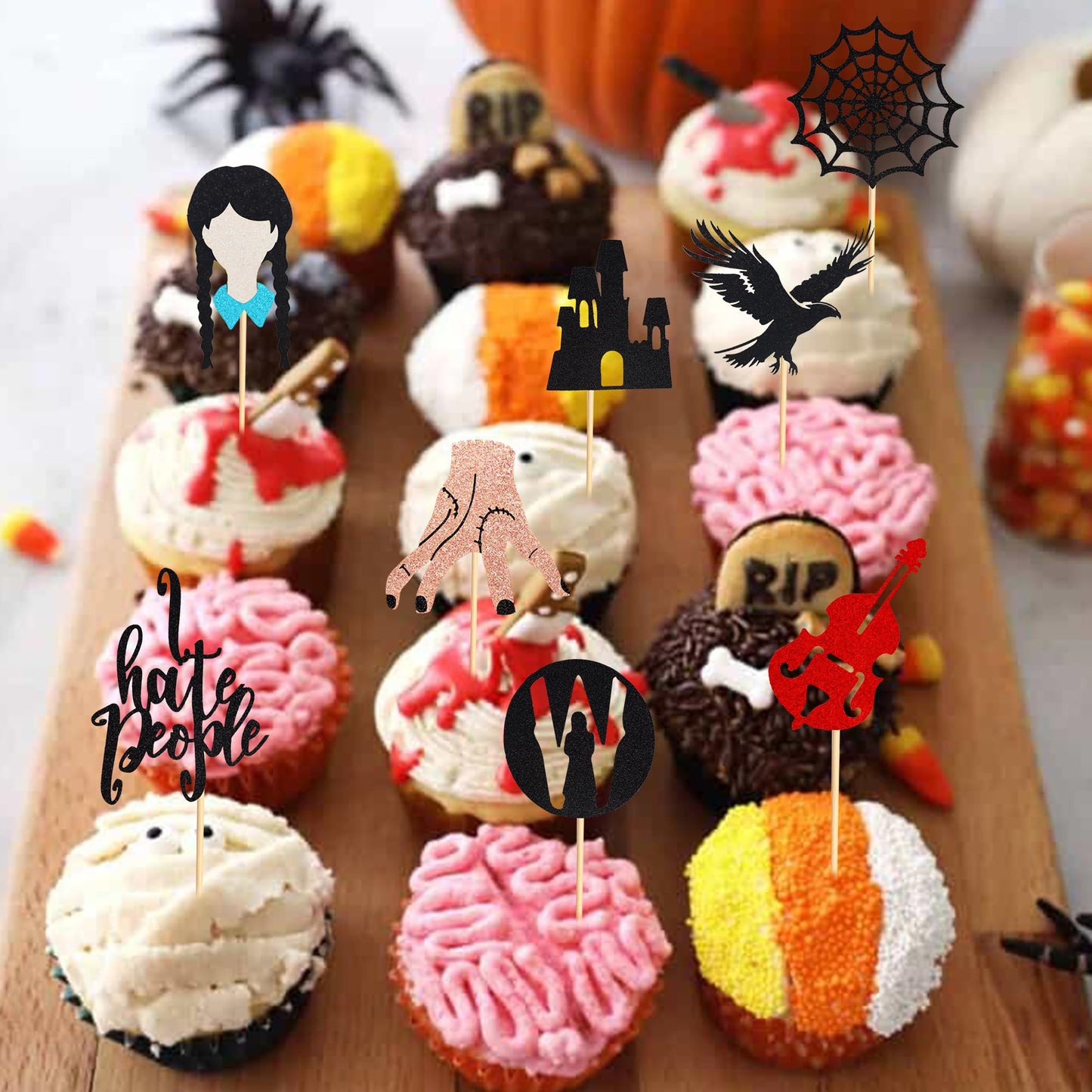 Arthsdite Cupcake Toppers 24Pcs Set, Black Eagle & Cobweb Design, Cardboard, Small, Wednesday Addams Theme