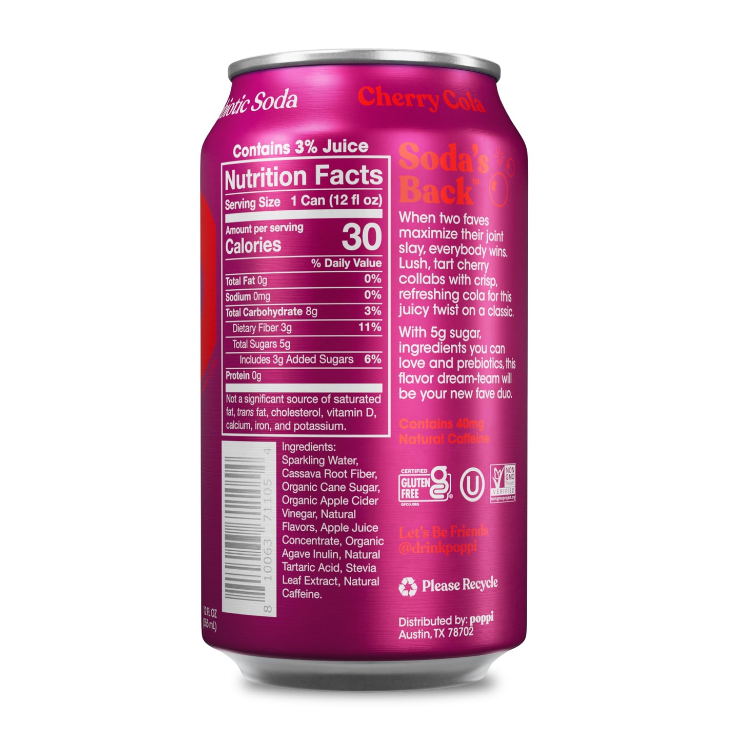poppi Sparkling Prebiotic Soda Cherry Cola, 12 Fl Oz, 1 Count, with Apple Cider Vinegar and Fruit Juice