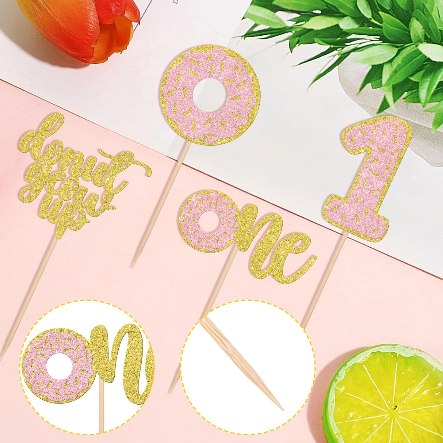 24 Pcs Donut First Birthday Cupcake Toppers Glitter Donut Grow Up One Cupcake Picks Donut 1St Birthday Party Decorations For Don