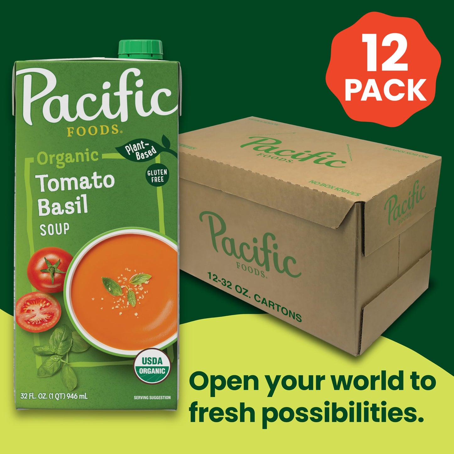 Pacific Foods Organic Tomato Basil Soup, Plant Based, 32 Oz Carton (Pack Of 12)