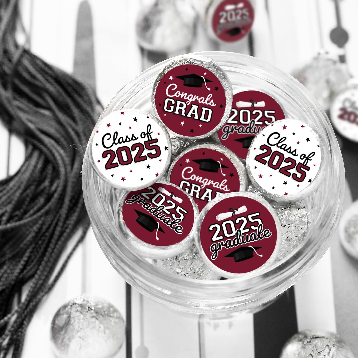 Maroon Graduation Party Stickers For Kisses Candy, Chocolate Drops, 2025 Grad Party Favors - 180 Count
