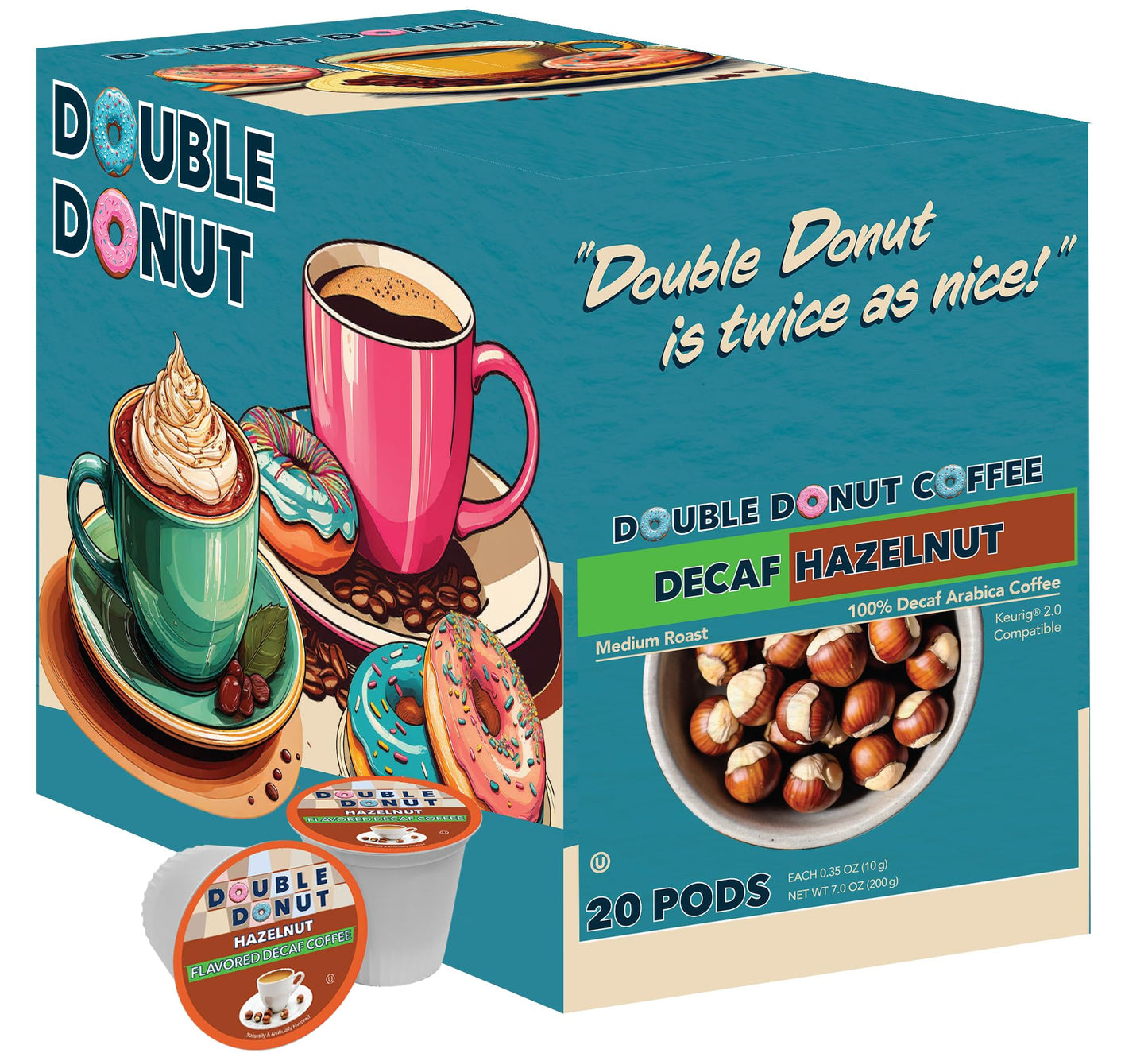 Double Donut Coffee Hazelnut Decaf Coffee Pods Medium Roast 20 Count for Keurig K Cup Machines