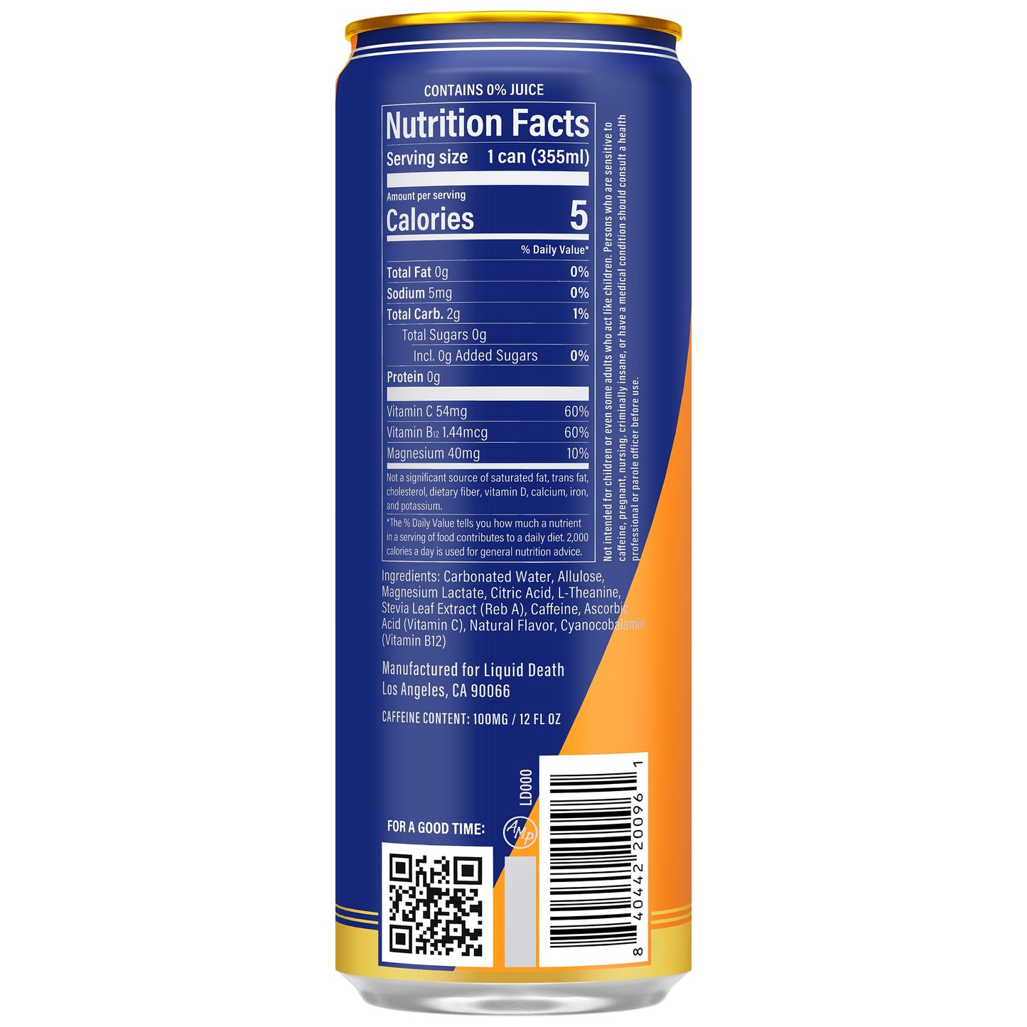 Liquid Death Sparkling Energy - Orange Horror (Orange and Cream Flavor)  Sugar-Free Energy Drink  Unextreme Caffeine 100mg  B Vitamins  12 Fl Oz (Pack of 12)