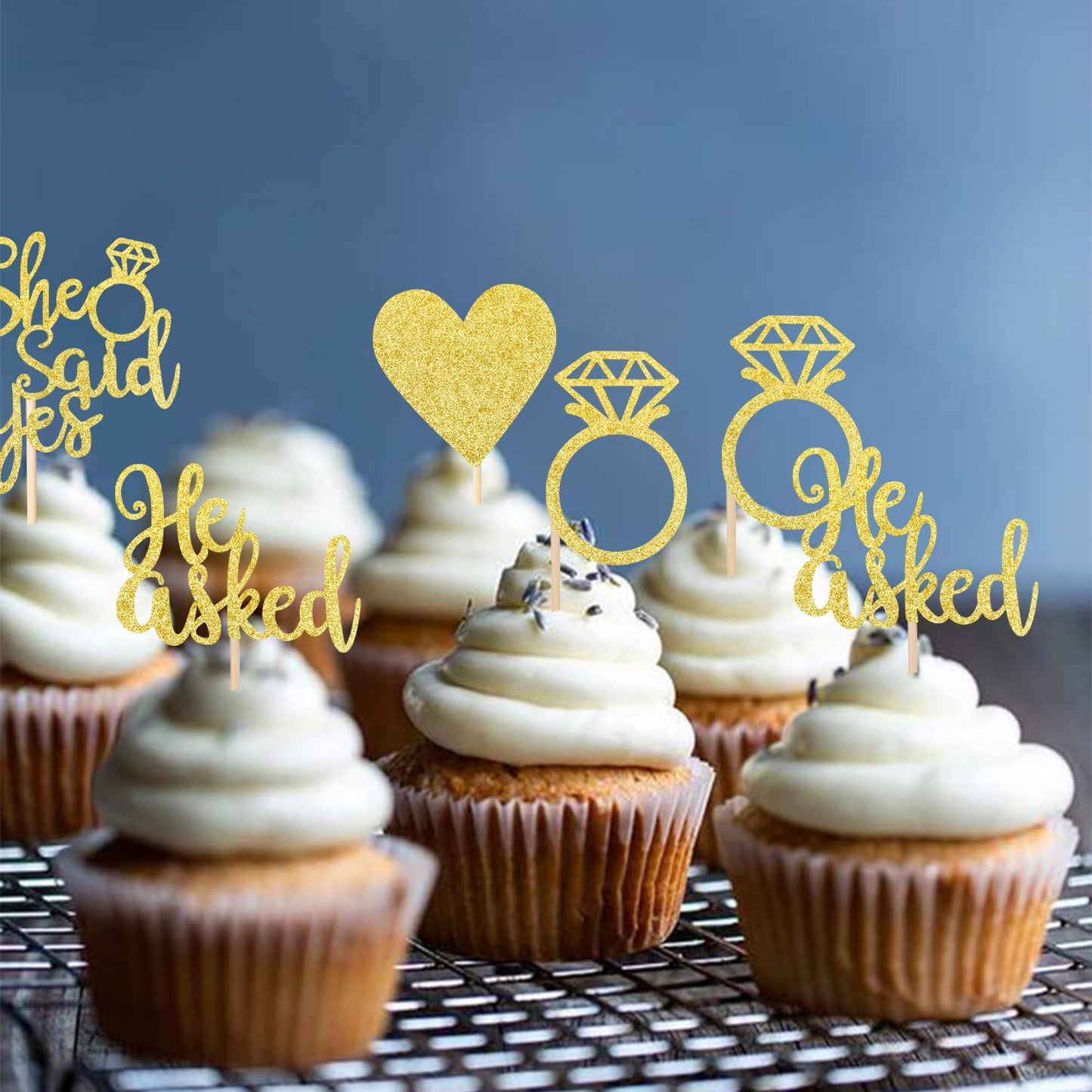 24 Pcs He Asked She Said Yes Cupcake Toppers With Glitter Heart Ring Bachelorette Cupcake Picks Wedding Engagement Bridal Shower