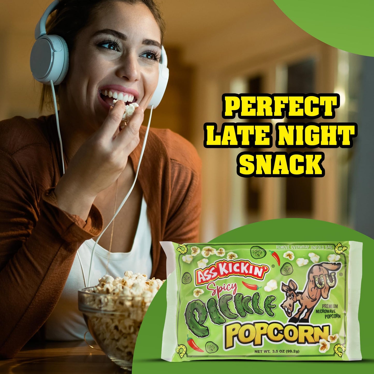 ASS KICKIN Spicy Pickle Microwave Popcorn Bags - 6 Pack - 0.58 Ounce Each - Gourmet Snack for Movie Night