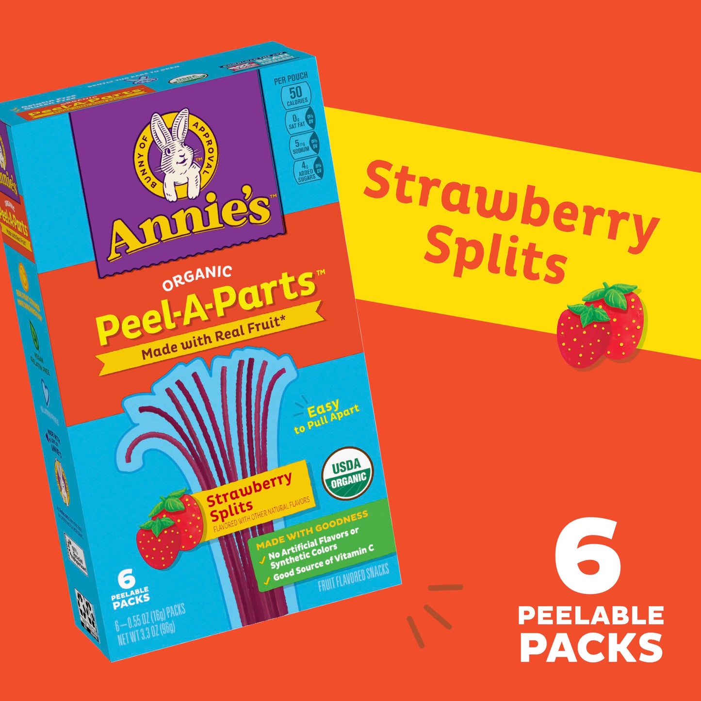 Annies Organic Fruit Flavored Snacks, Strawberry Splits, Gluten Free, 6 Count, 3.3 oz