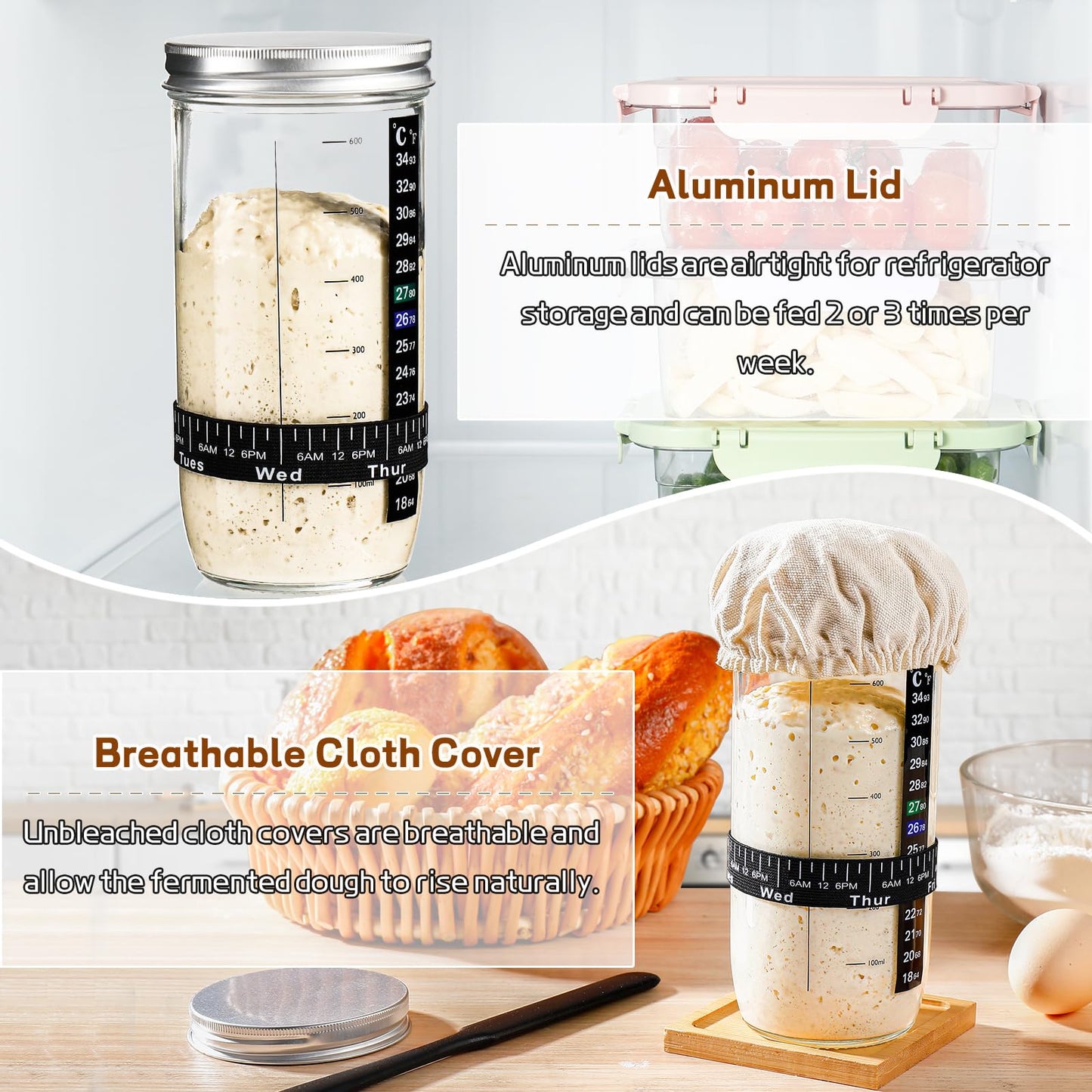Sourdough Bread Baking Supplies 24 oz Sourdough Starter Jar Glass  Sourdough Starter Kit with Date Marked Feeding Band  Thermometer  Silicone Scr  Sewn Cloth Cover & Aluminum Lid  Sourdough Jar