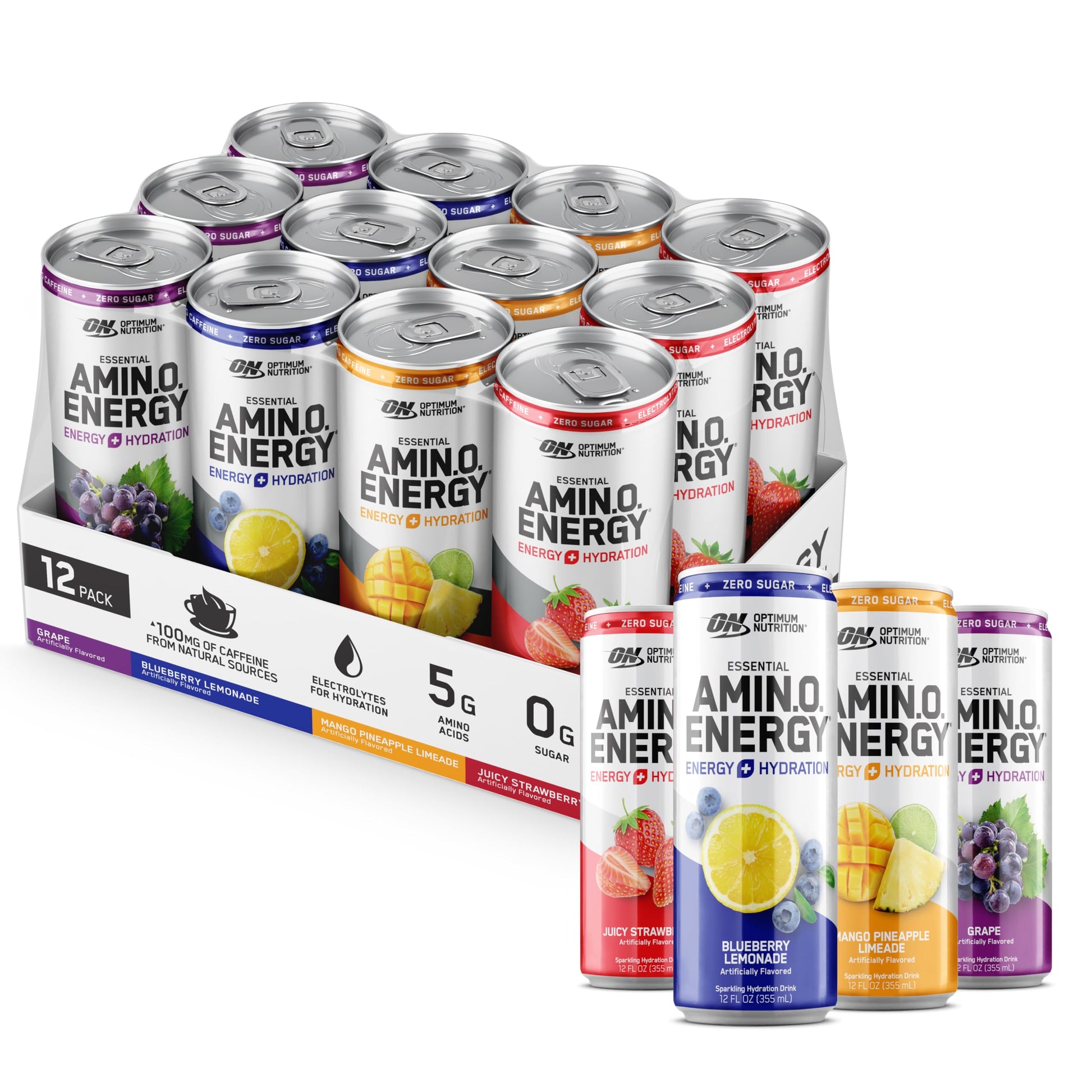 Optimum Nutrition Amino Energy Sparkling Hydration Drink  Electrolytes  Caffeine  Amino Acids  BCAAs  Sugar Free  12 Fl Oz  Variety Pack of 12 (Packaging May Vary)