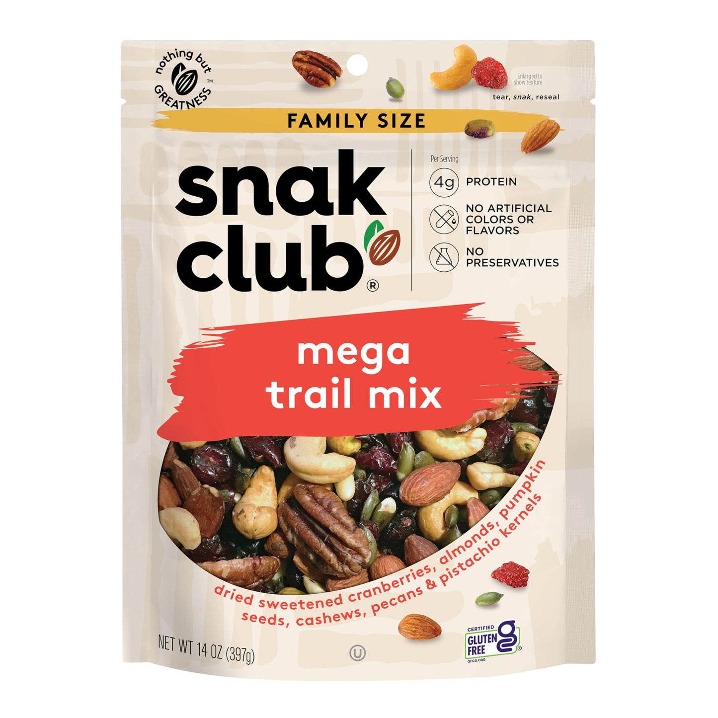 Snak Club Mega Trail Mix with Cranberries, Almonds, Pumpkin Seeds, Cashews, Pecans, and Pistachio Kernels, Gluten-Free and Koshe