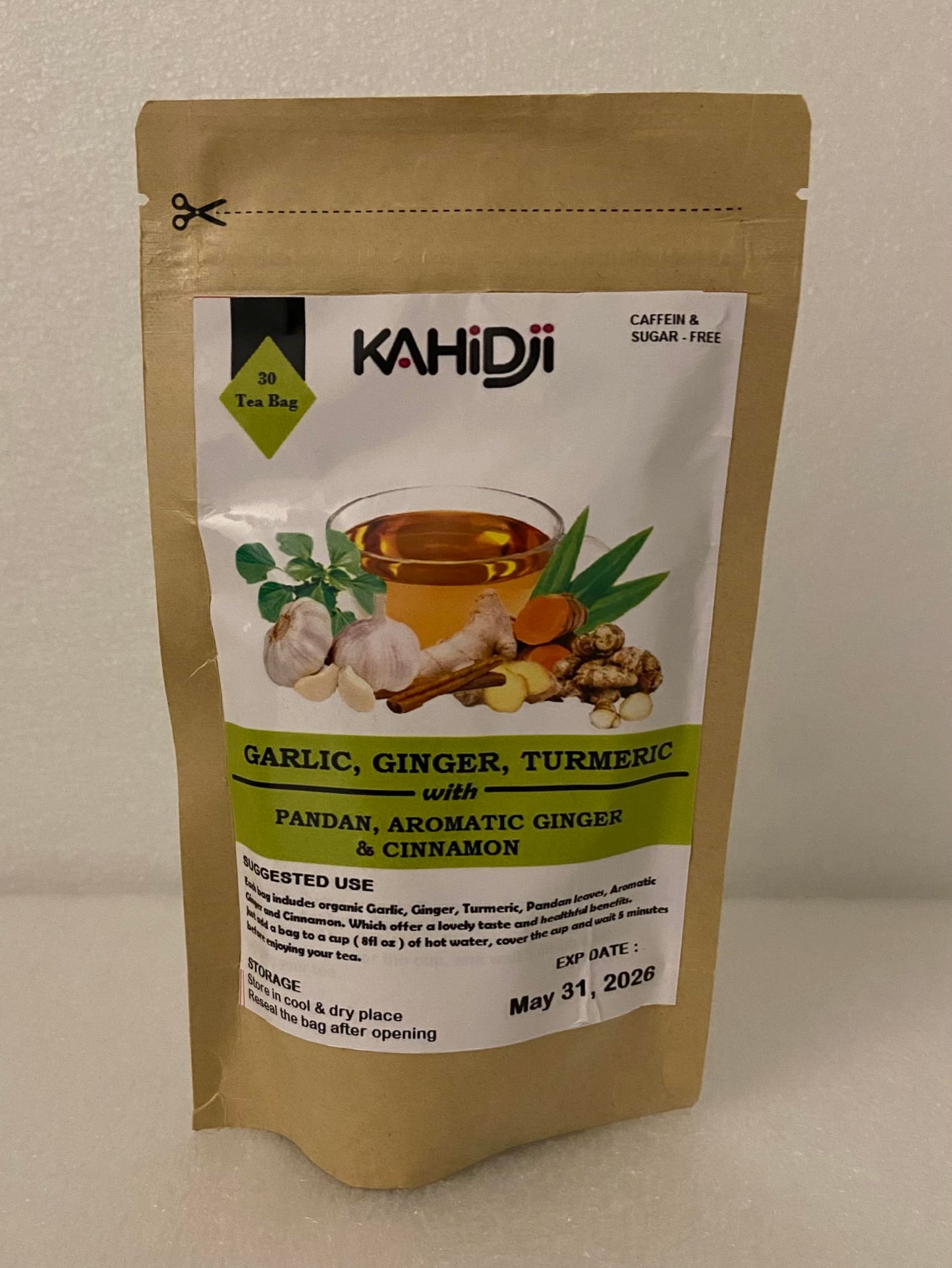 KAHIDJI Herbal Tea - Garlic, Ginger, Turmeric with Pandan, Aromatic Ginger & Cinnamon - 30 Teabags - Green