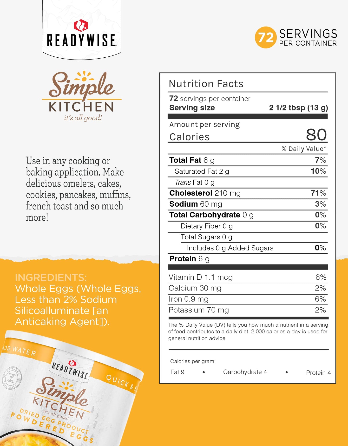 Readywise - Simple Kitchen, Powdered Eggs, 72 Servings, Emergency Supply, Dehydrated Food, Baking Supplies, Camping Meals, Survival Food, 10 Can Egg Powder, Dehydrated Eggs Powder