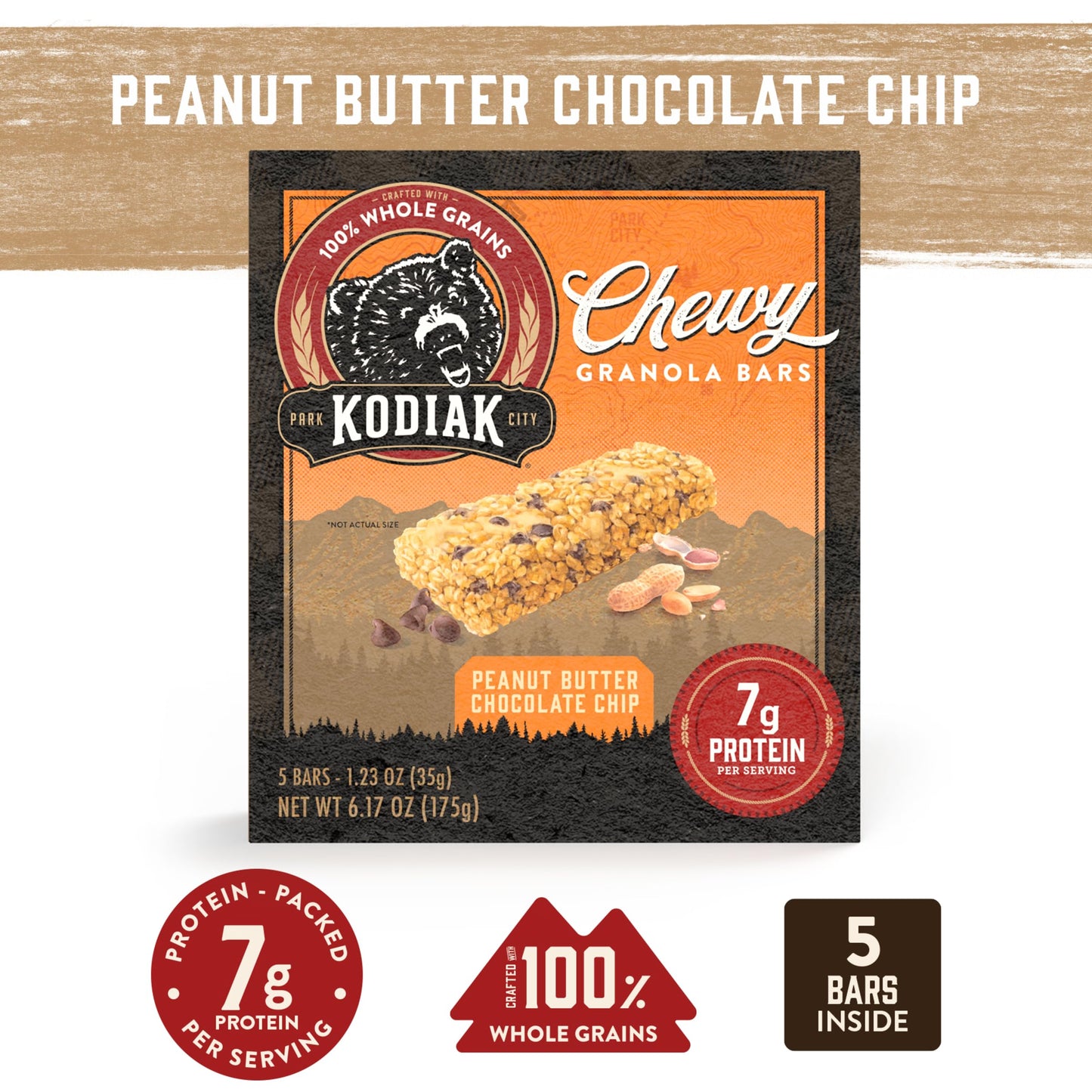 Kodiak Cakes Chewy Granola Snack Bars, Peanut Butter Chocolate Chip, High Protein, 100% Whole Grains, 12 Boxes With 5 Bars Each (60 Bars Total)