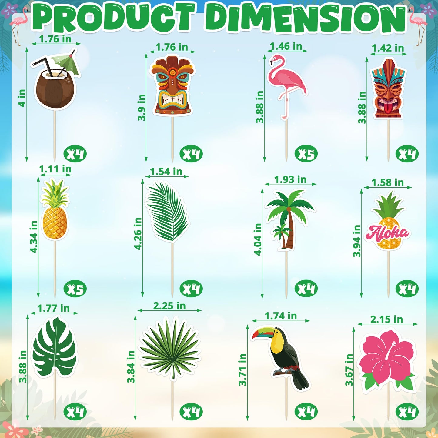 50 Pcs Tropical Cake Sticks, Disposable Tiki Flamingo Pineapple Palm Leaf Cake Toppers, Luau Cake Decorations For Summer Hawaiia