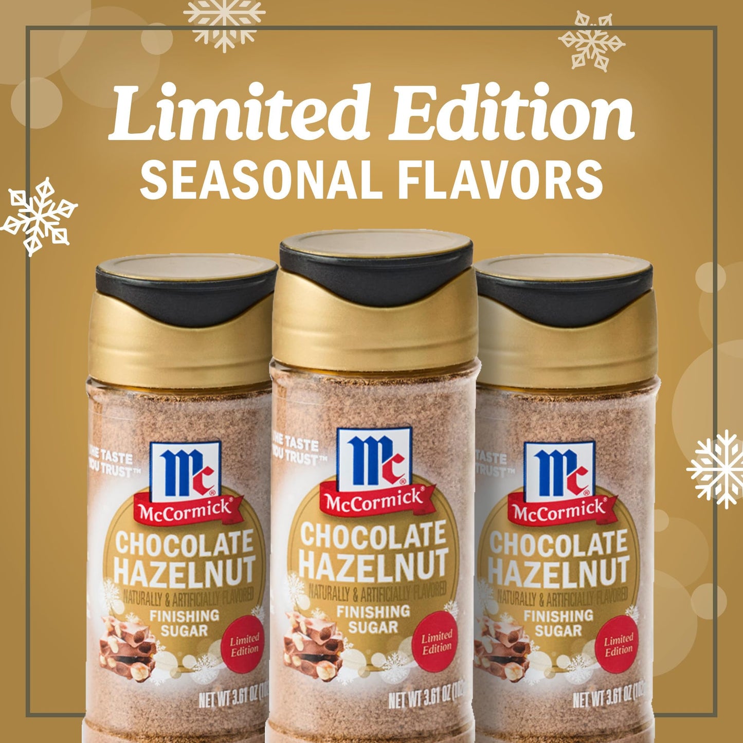 McCormick Finishing Sugar  Chocolate Hazelnut  Limited Edition  Rich Cocoa and Roasted Hazelnut Notes  For Cookies  Ice Cream  Dessert  Beverages  and More  3.61 oz