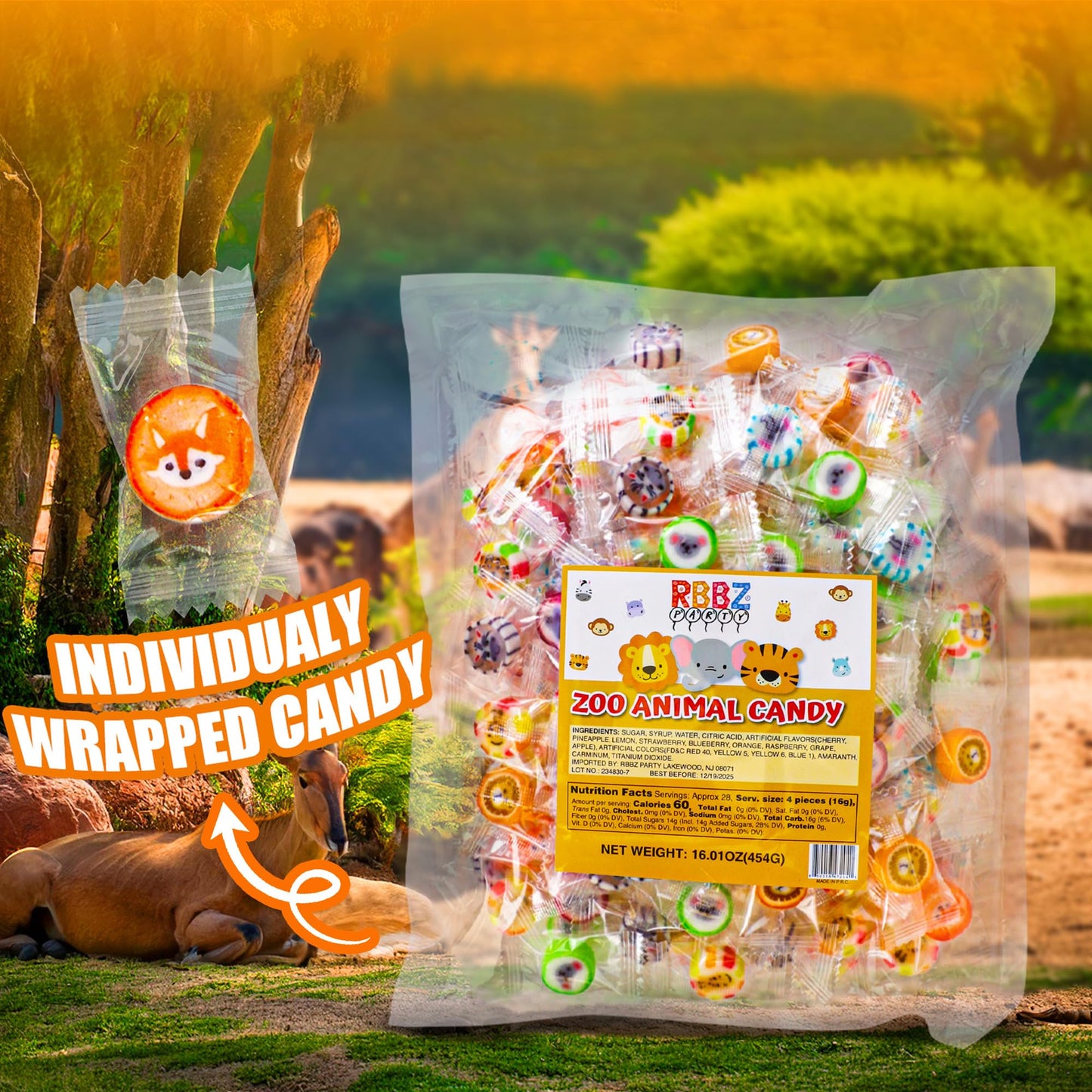 Animal Candy - Hard Candy Bulk 1 Lb Bag Of Individually Wrapped Small Hard Candies Assortment - Great For Office Candy - Safari