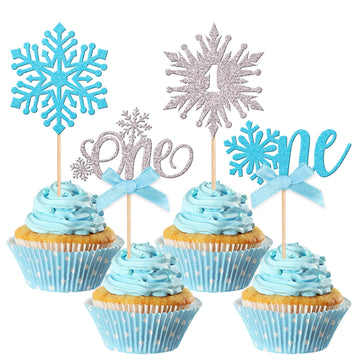 24 PCS Snowflake One Cupcake Toppers with Glitter Bow First Birthday Snowflake Cupcake Picks for Winter Onederland Theme Baby Sh