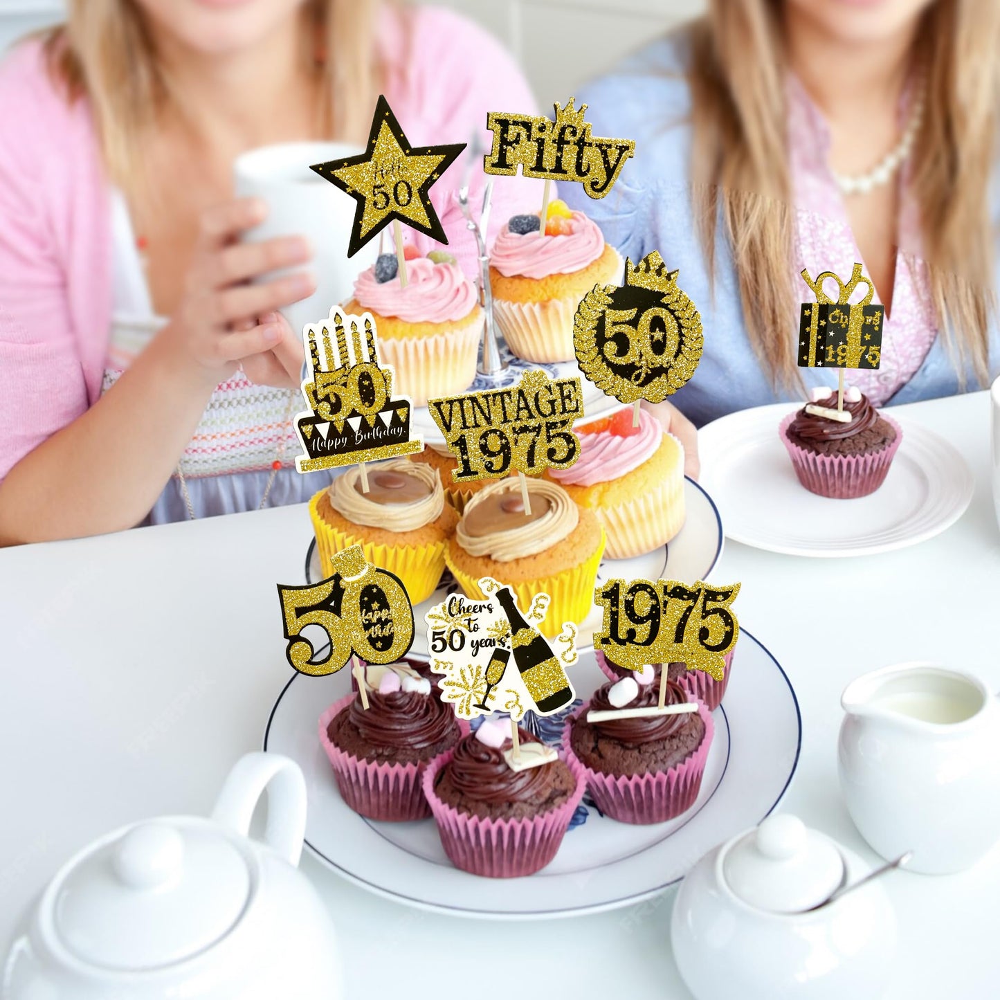 Gyufise 36Pcs Happy 50Th Birthday Cupcake Toppers Glitter Black Gold Fifty Hello 50 Vintage 1975 Cupcake Picks Cheers To 50 Year